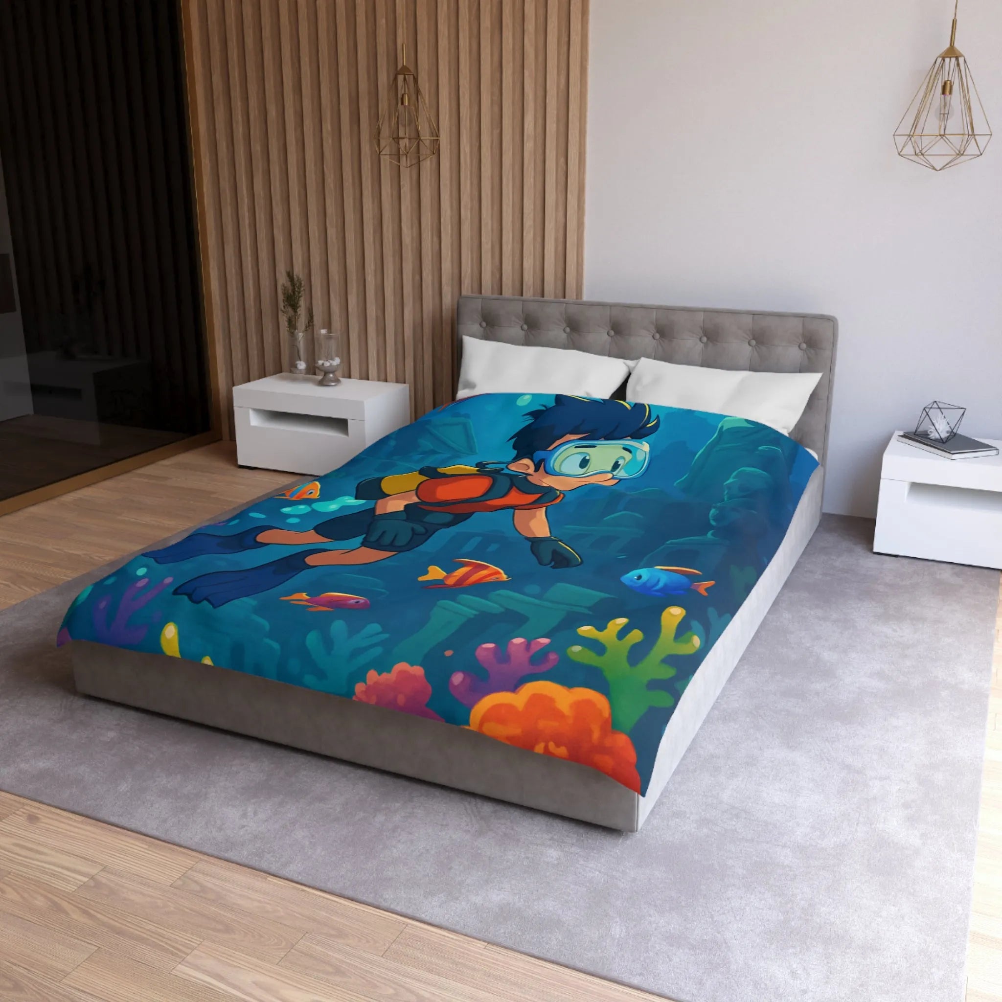 Housse de couette colorée avec plongeur et ruines sous-marines, poissons tropicaux vibrants