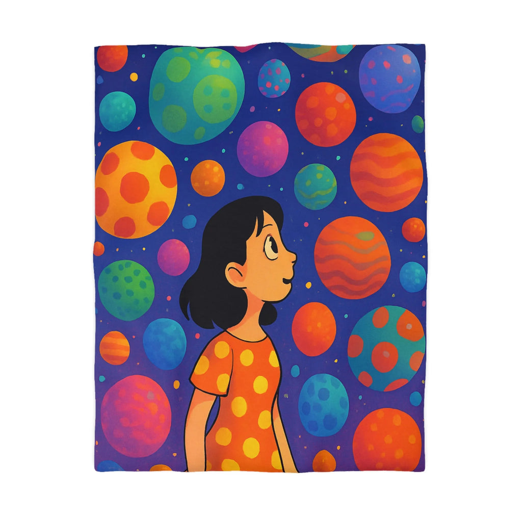 Housse de couette colorée avec motif de planètes et enfant rêveur dans l'espace