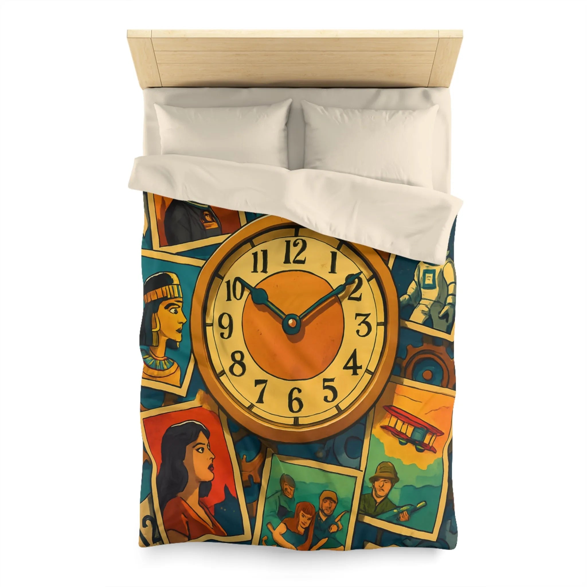 Housse de couette illustrant l'histoire colorée avec des figures emblématiques du temps et de l'espace