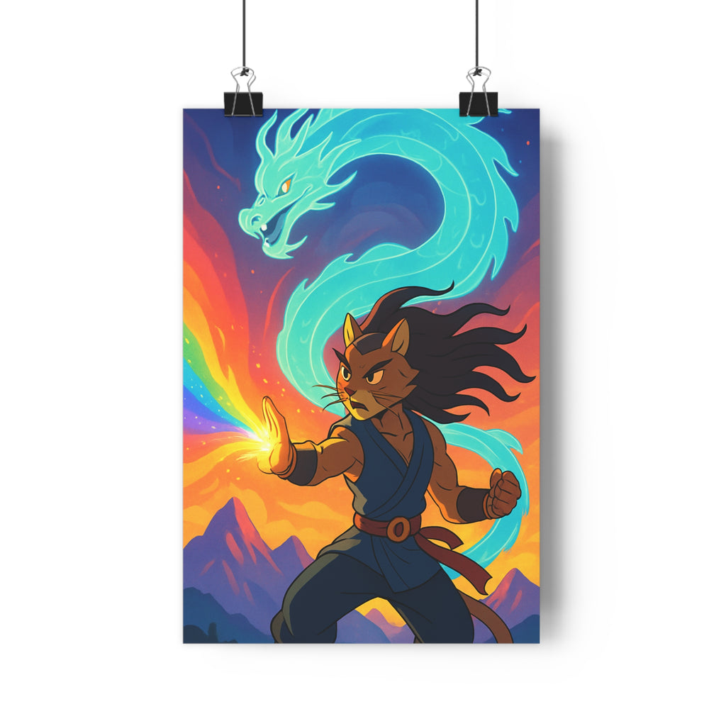 Poster décoratif félin puissant bleu jaune mystique ambiance aventure dragon chambre salon format 30x46