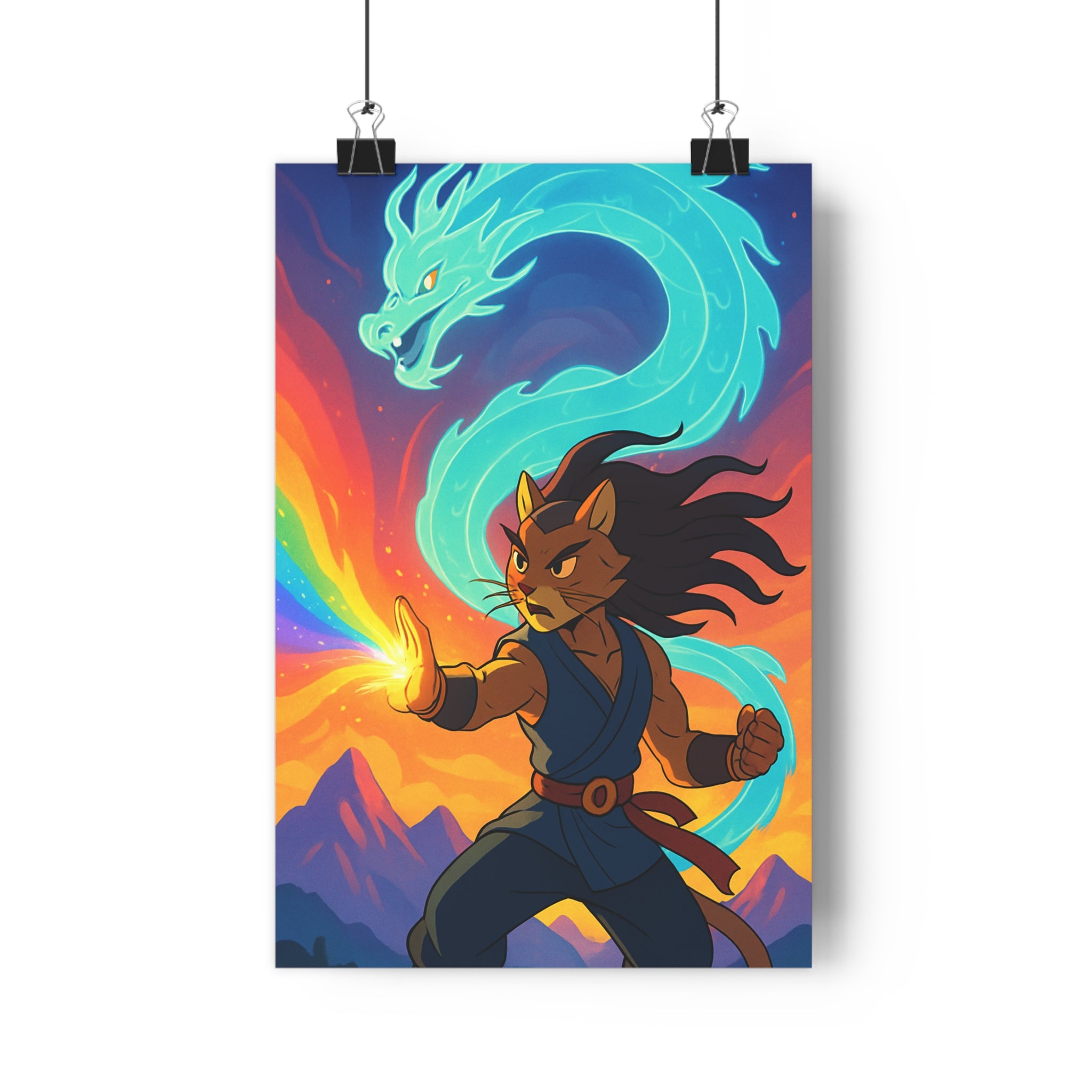 Poster décoratif félin puissant bleu jaune mystique ambiance aventure dragon chambre salon format 30x46