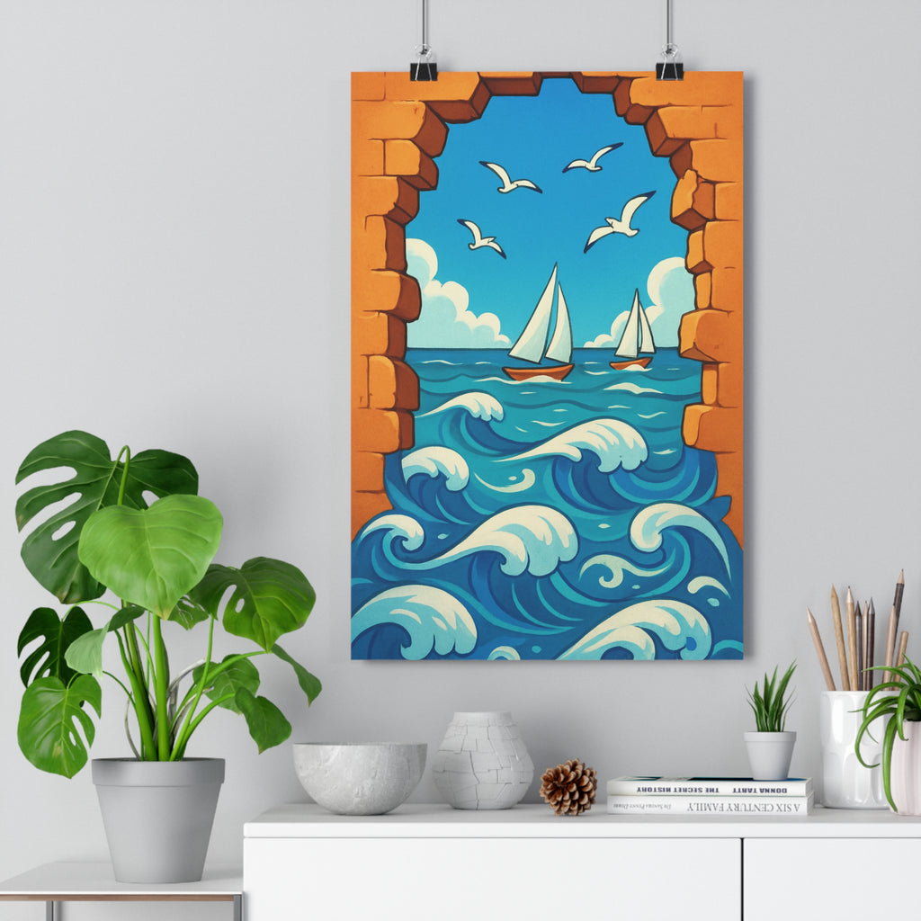 Poster décoratif océan bleu blanc paisible maritime salon chambre moderne pierre élégant tendance vibrant