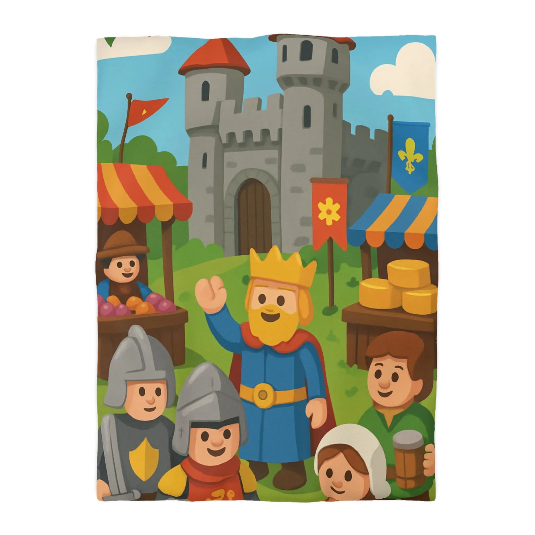 Housse de Couette Ludique Moyen Âge Château Roi et Marché Animé Coloré