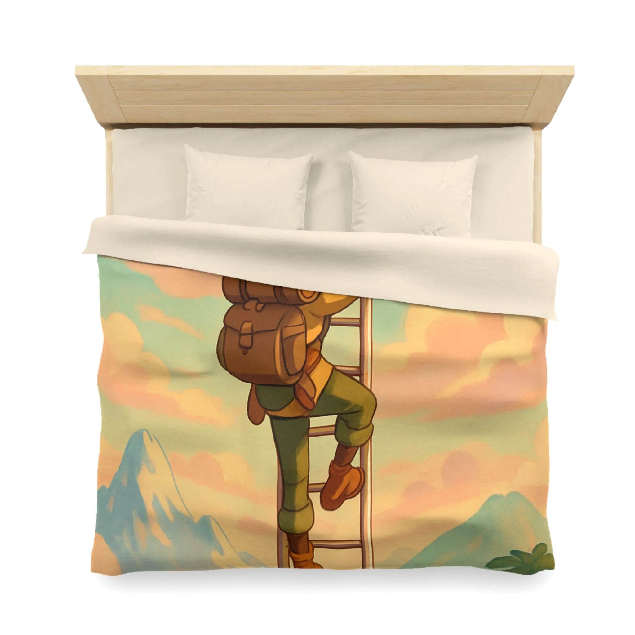 Housse de couette avec aventurier grimpant échelle vers ciel pastel et montagnes lointaines