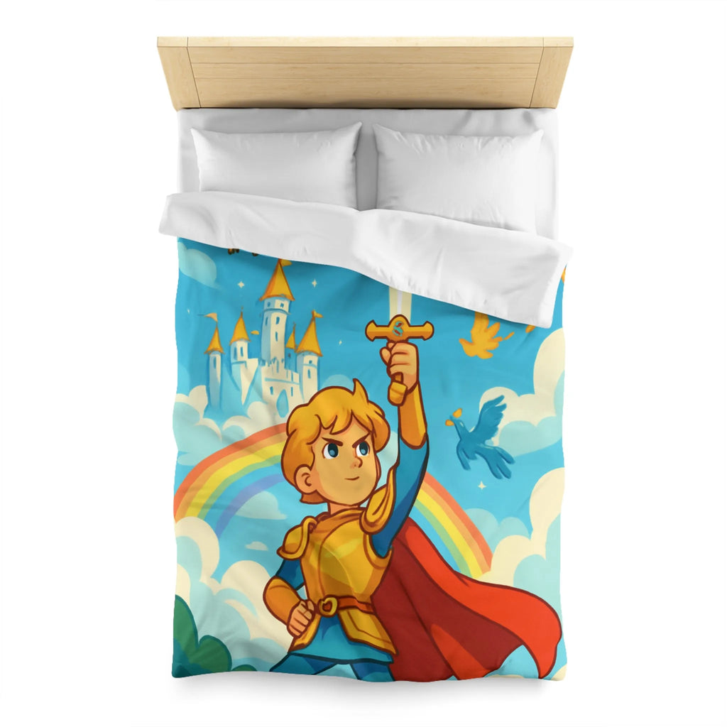 Housse de couette avec chevalier héroïque, arc-en-ciel et château féerique, thème aventure