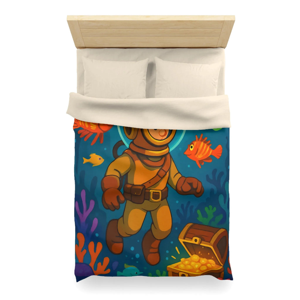 Housse de couette enfant aventure sous-marine avec plongeur et trésor coloré en dessin animé