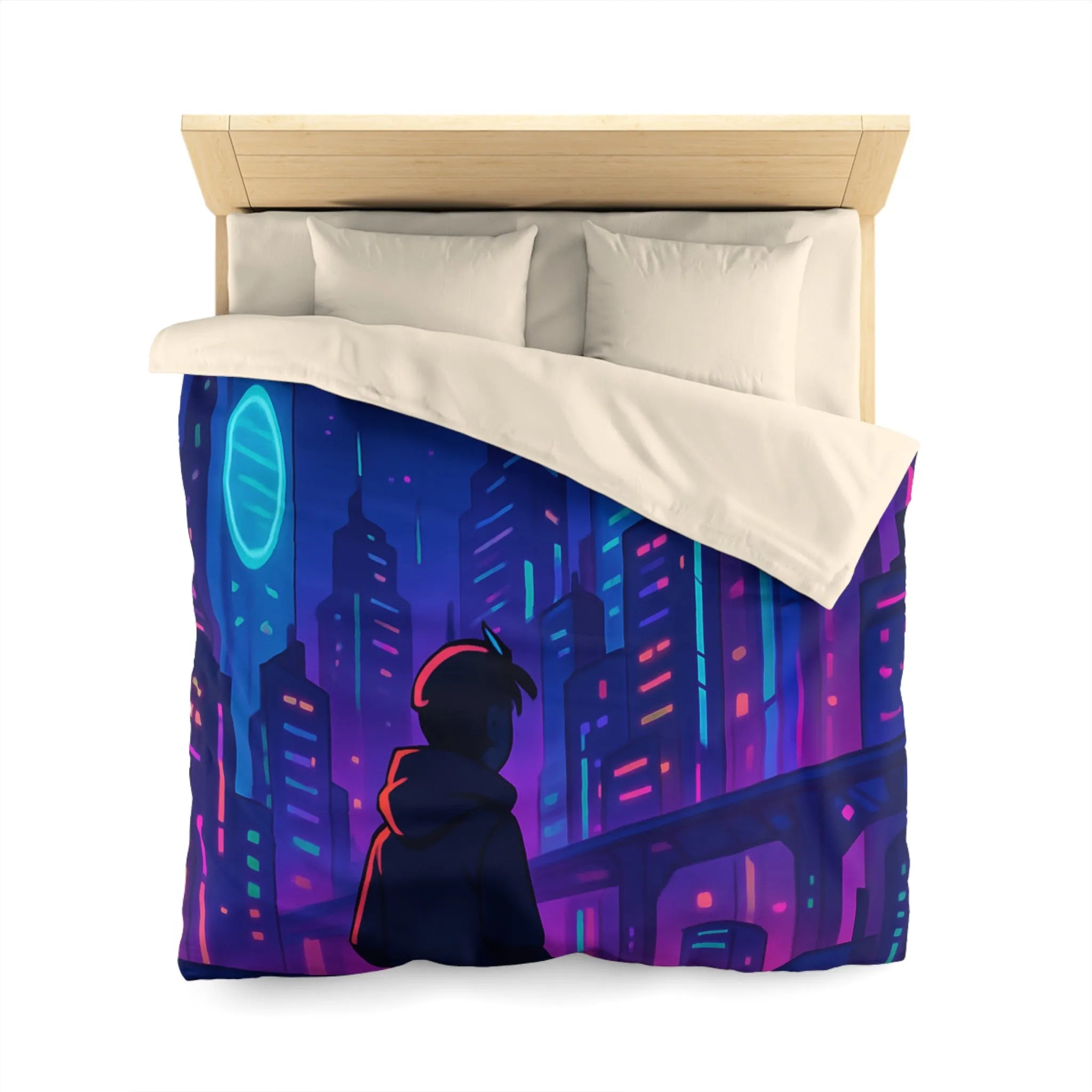 Housse de couette futuriste avec skyline néon vibrant et silhouette étoilée