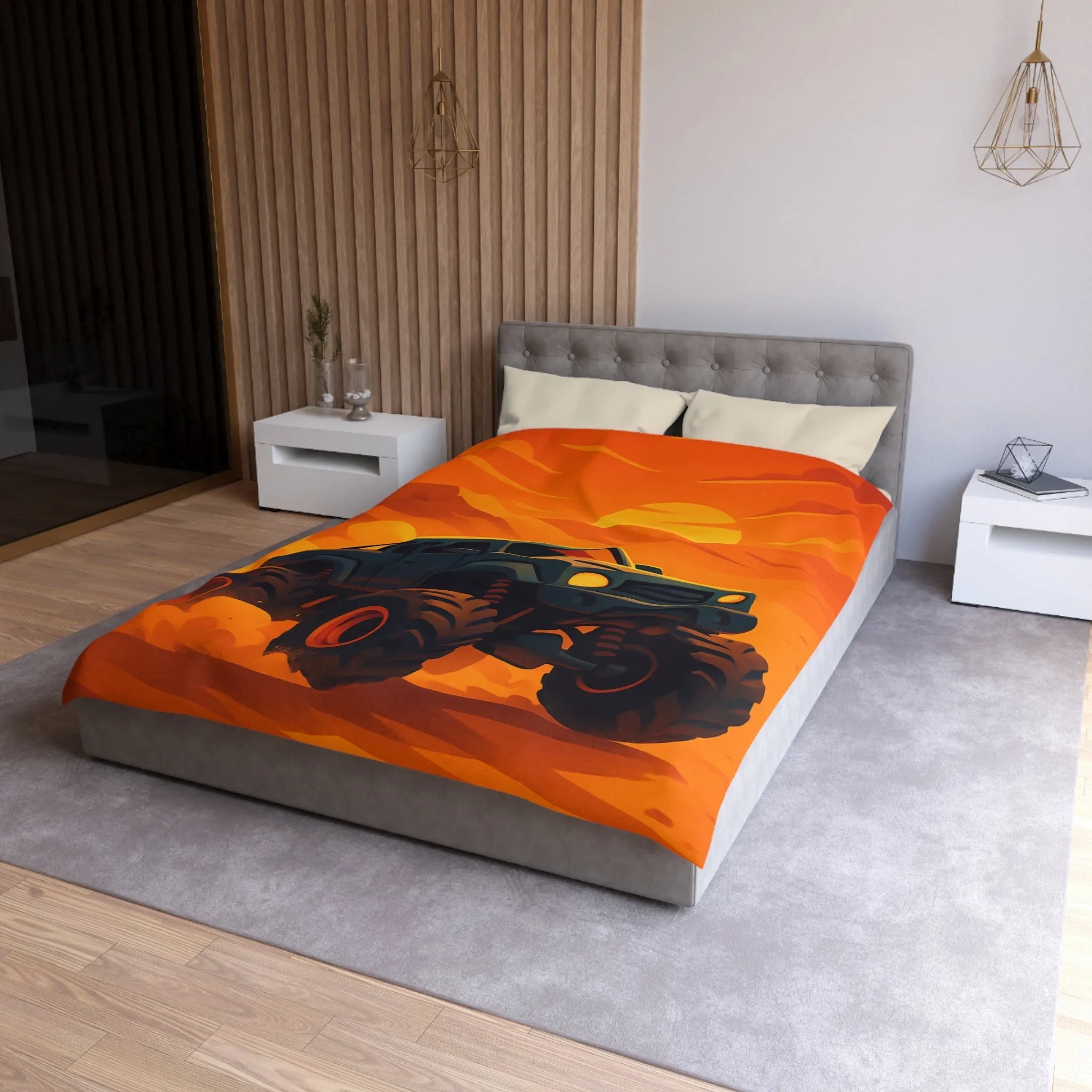 Housse de couette camion monstres désert coucher de soleil aventure pour chambre d'enfant