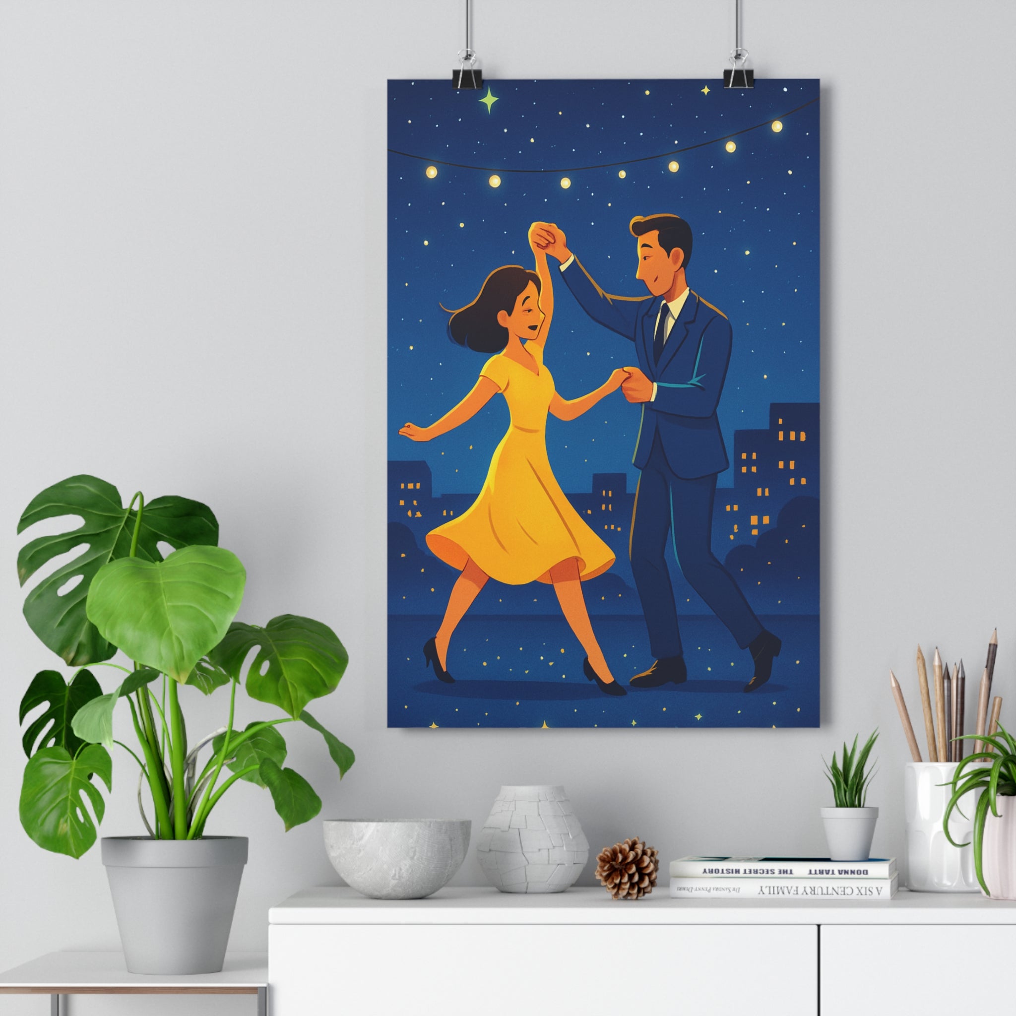 Poster décoratif romantique danse étoiles jaune bleu cartoon joyeux chambre salon 30x46 lumineux vibrant