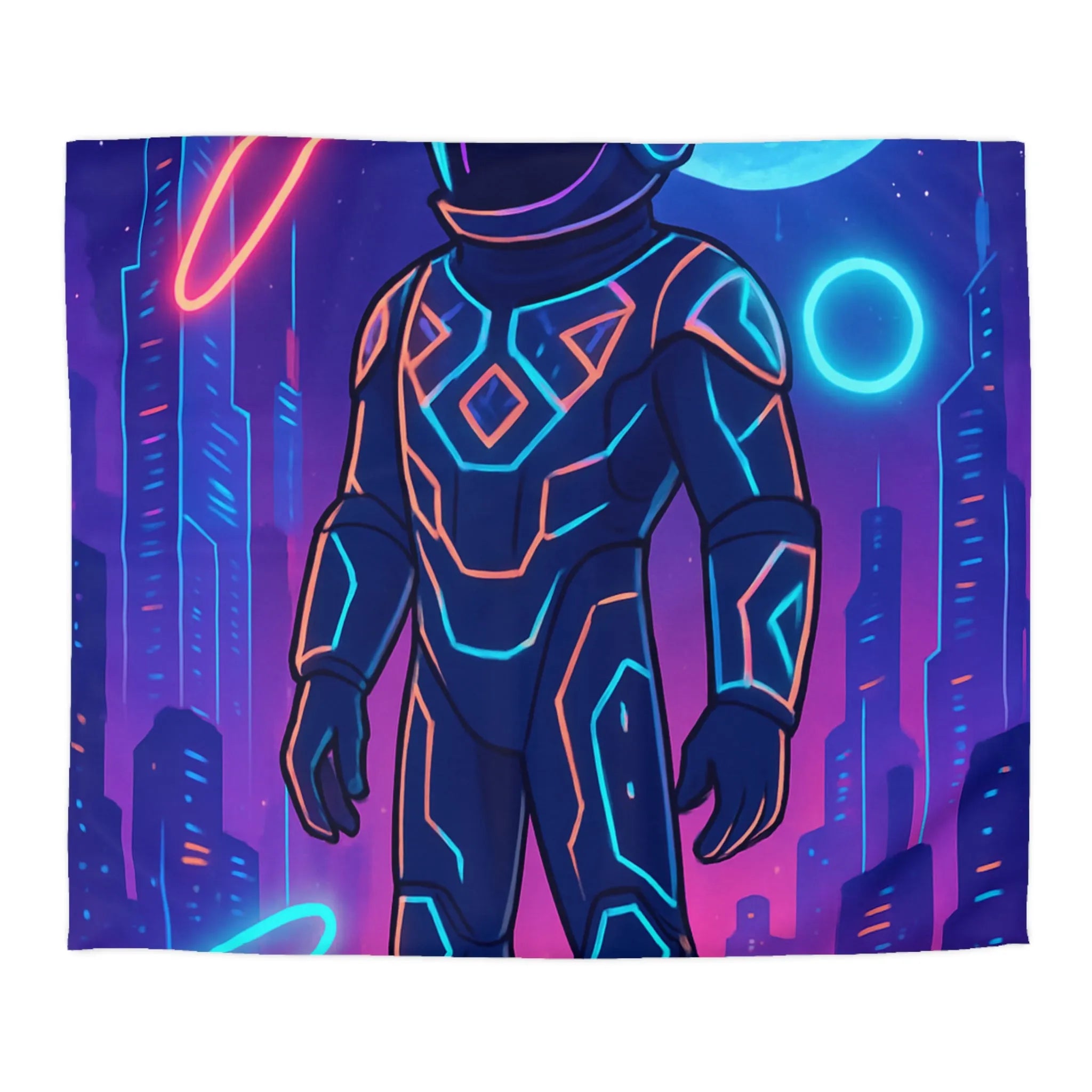 Housse de couette avec astronaute néon, skyline futuriste et vaisseaux spatiaux