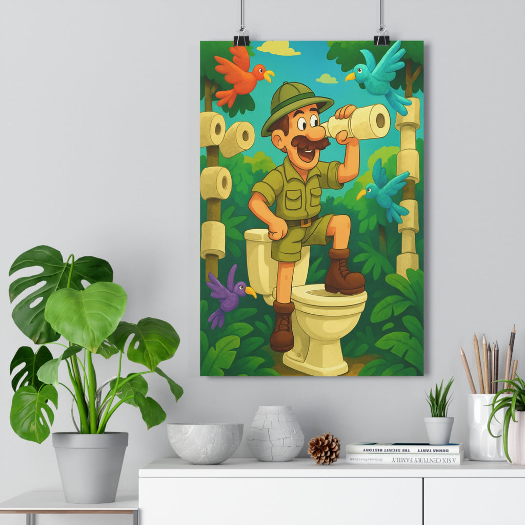 Poster décoratif aventure amusant vert orange bleu cartoon salle bain explorateur ludique original 30x46