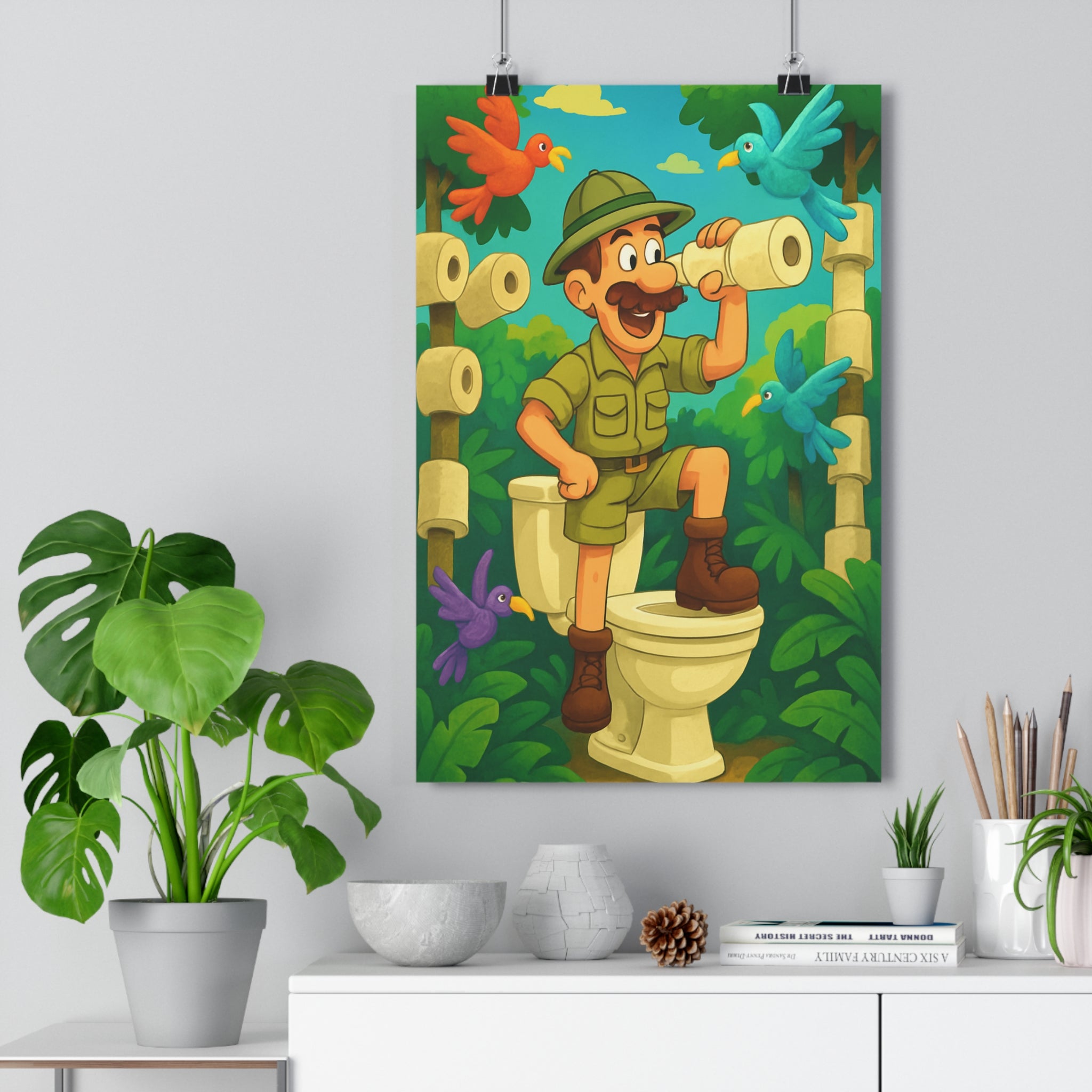 Poster décoratif aventure amusant vert orange bleu cartoon salle bain explorateur ludique original 30x46