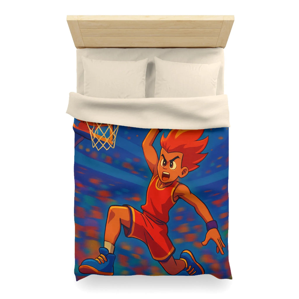 Housse de couette garçon avec joueur de basketball enflammé dans un style animé vibrant