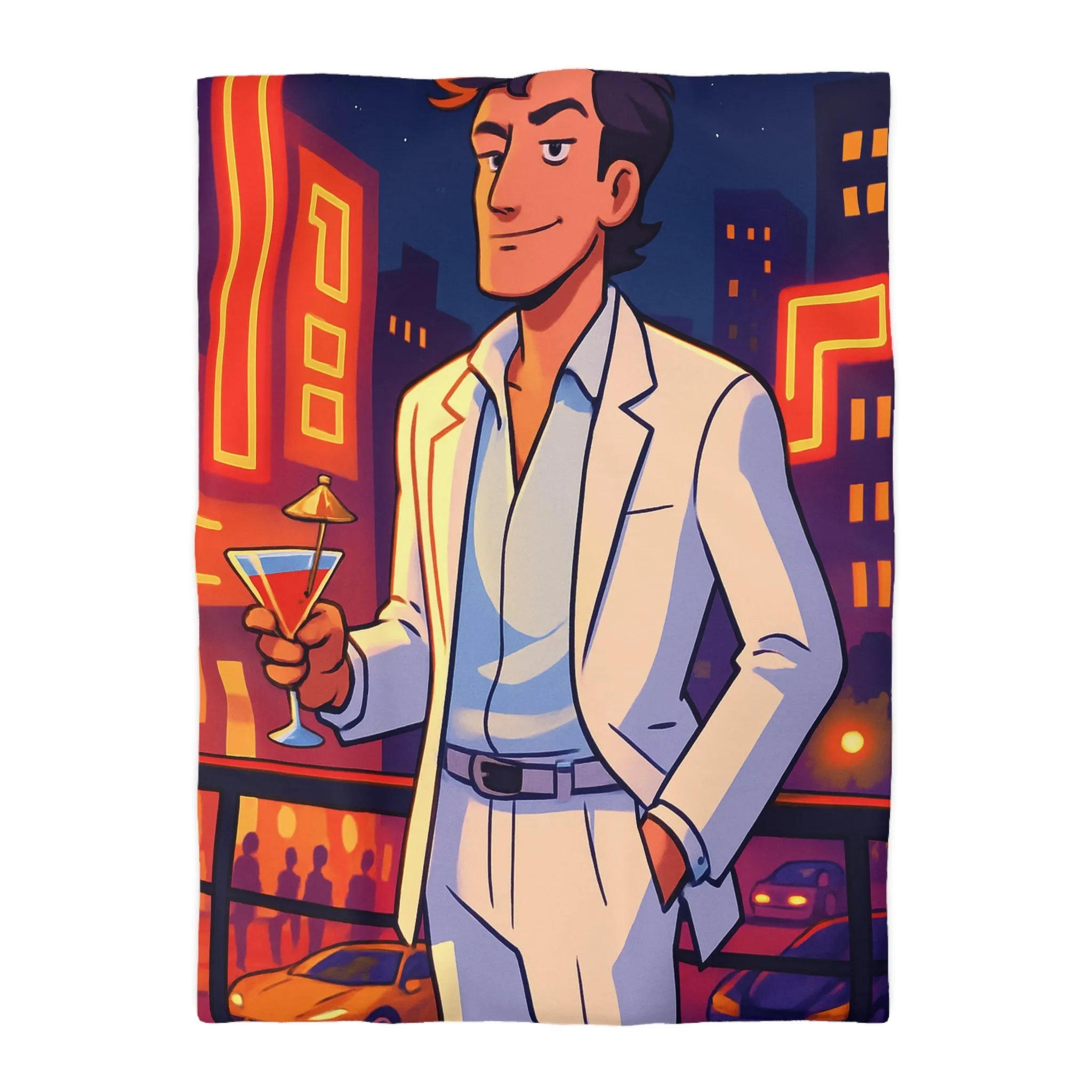 Housse de Couette Élégante avec Illustration Nocturne, Martini et Élégant Costume Blanc