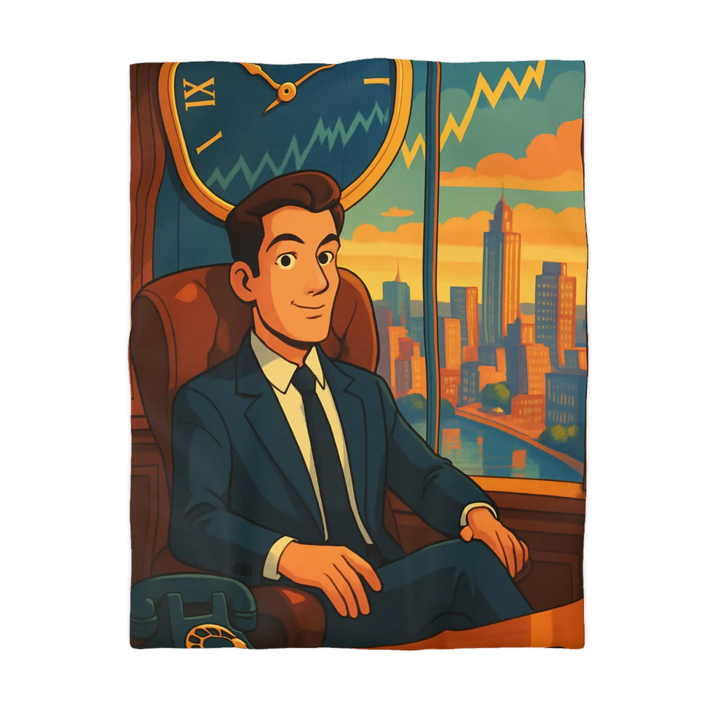 Élégante housse de couette avec homme d'affaires et horizon urbain stylisé en coucher de soleil