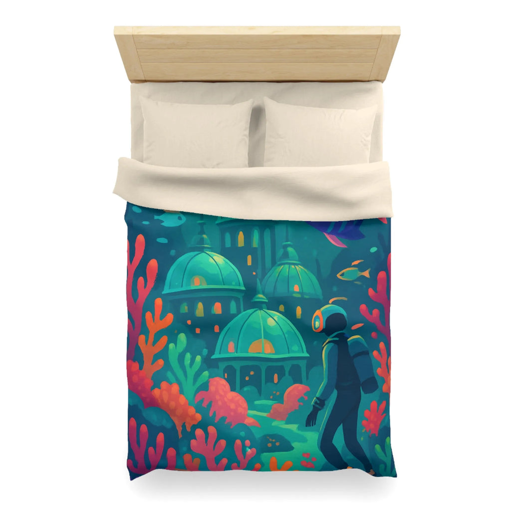 Housse de couette aux couleurs vibrantes inspirée d'une cité sous-marine avec poissons exotiques