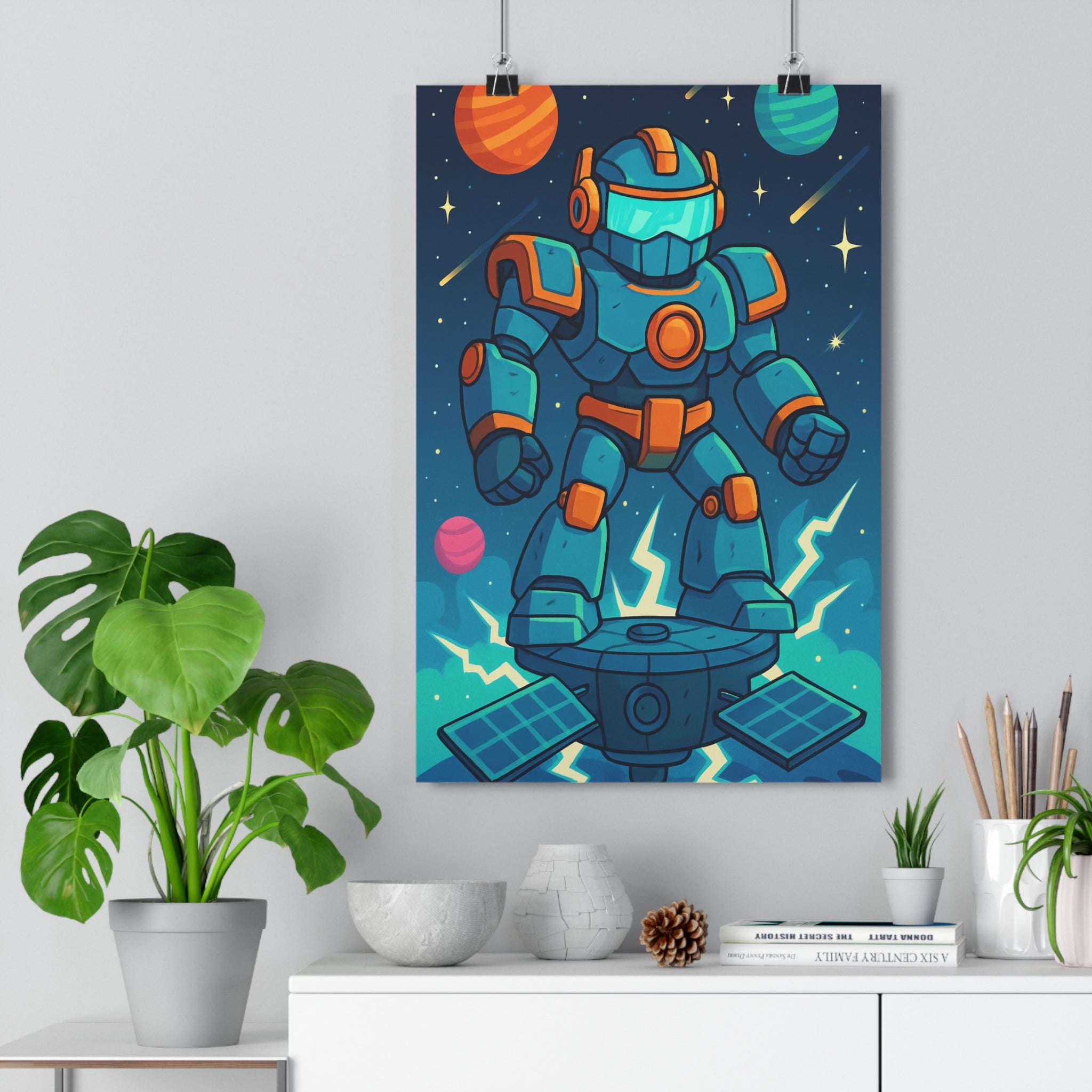 Poster décoratif robot futuriste bleu orange cartoon dynamique chambre bureau espace créativité 30x46 cm