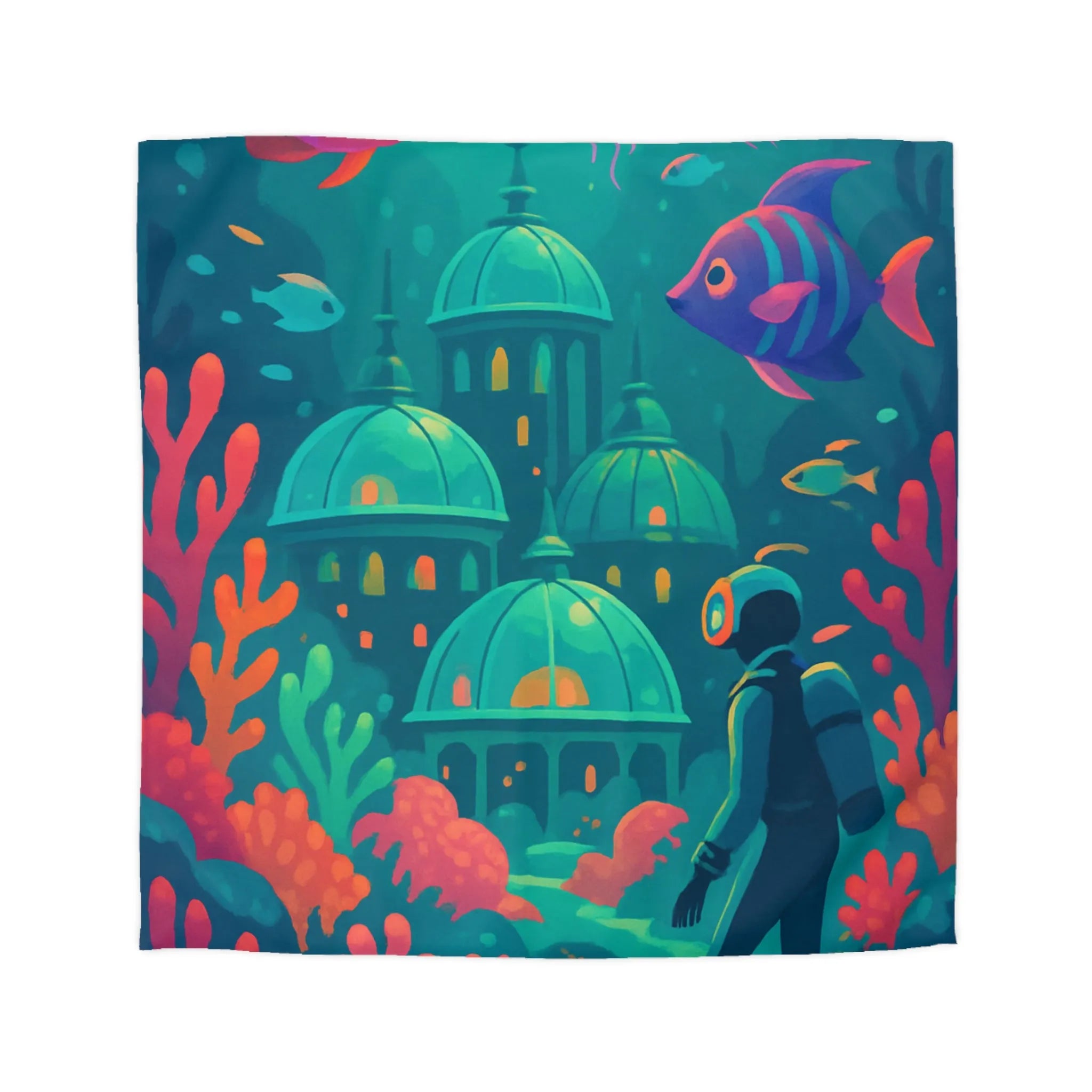 Housse de couette aux couleurs vibrantes inspirée d'une cité sous-marine avec poissons exotiques