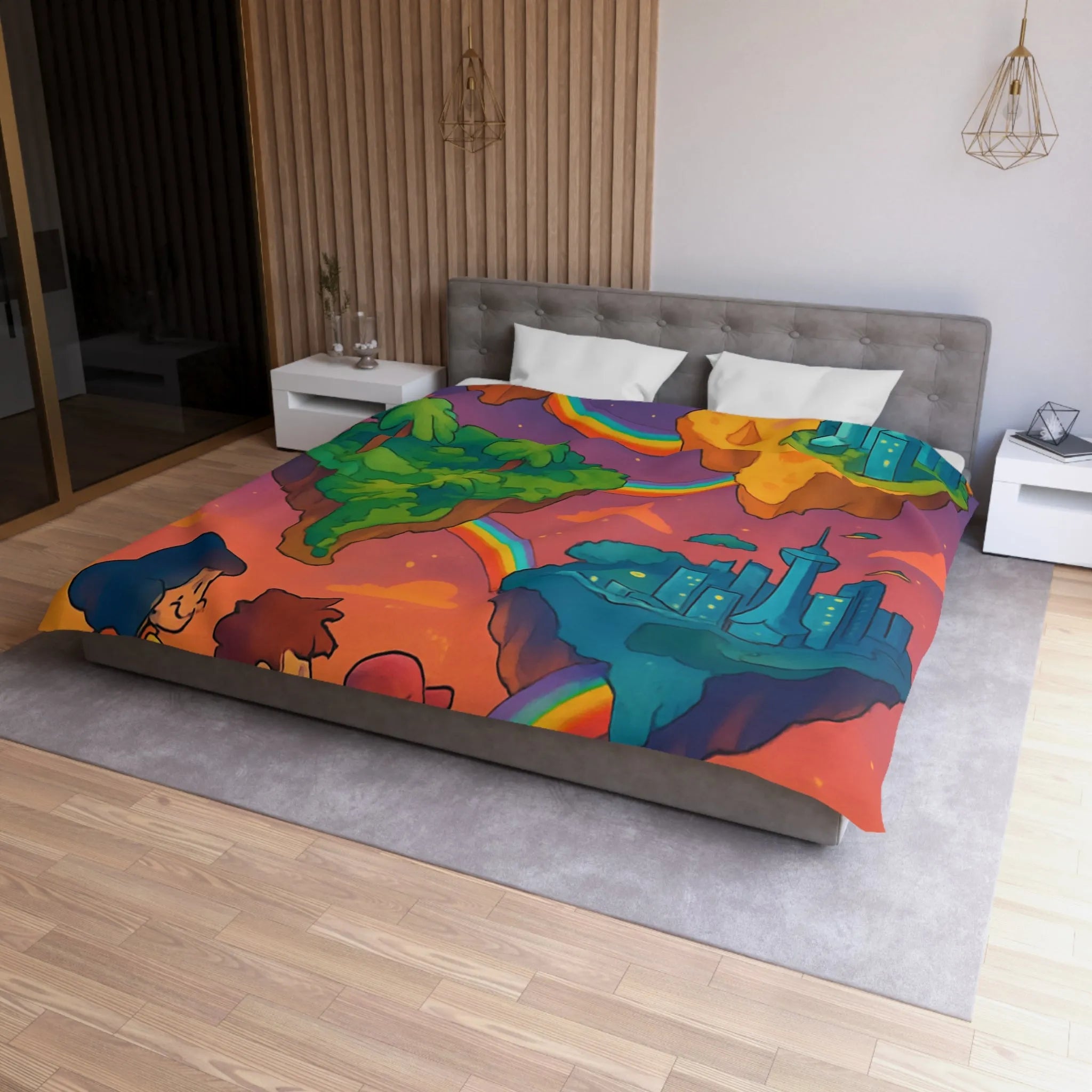 Housse de couette avec univers magique flottant pour chambre d'enfant colorée arc-en-ciel