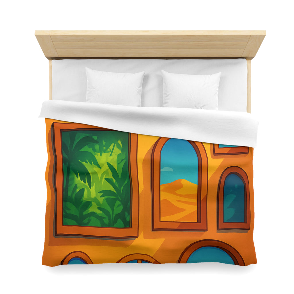 Housse de couette vibrante avec fenêtres sur l'univers et paysages exotiques