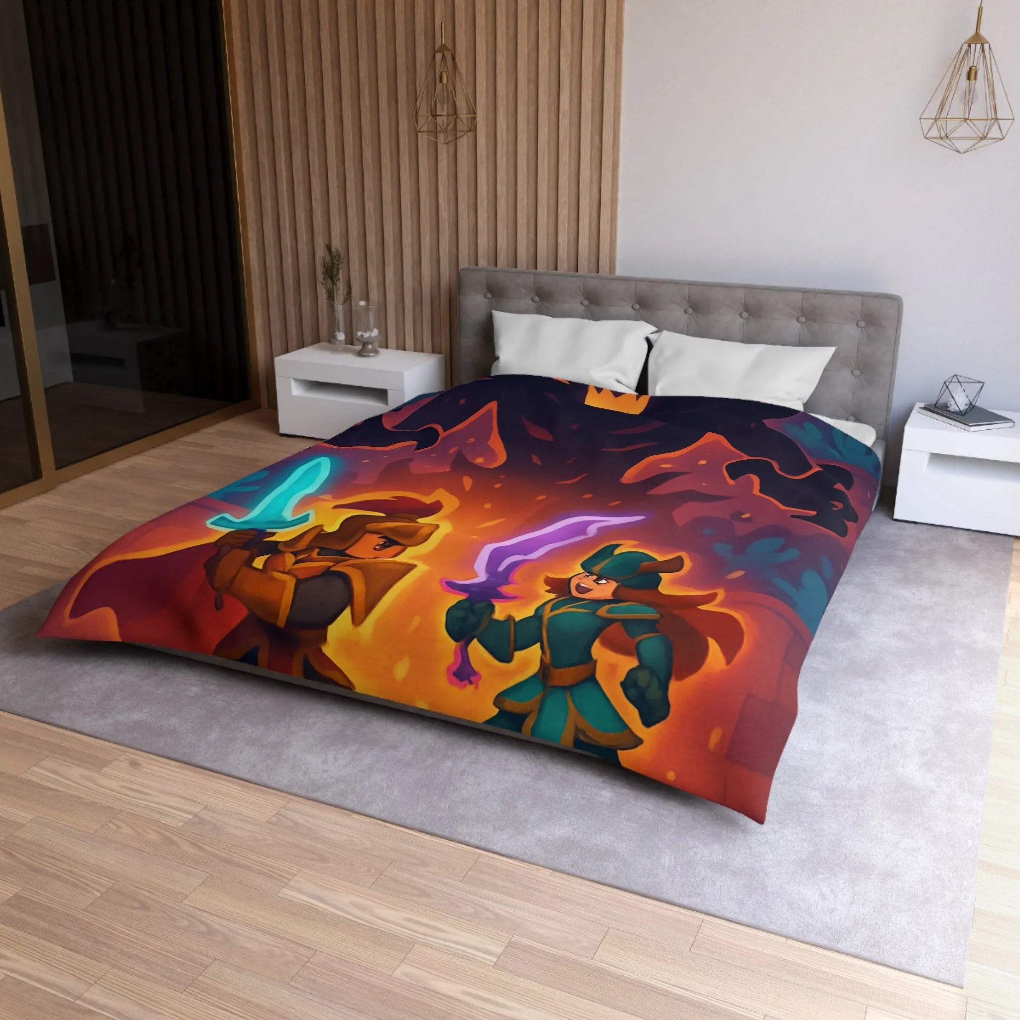 Housse de couette avec illustration fantasy de chevaliers affrontant ombre menaçante au théâtre