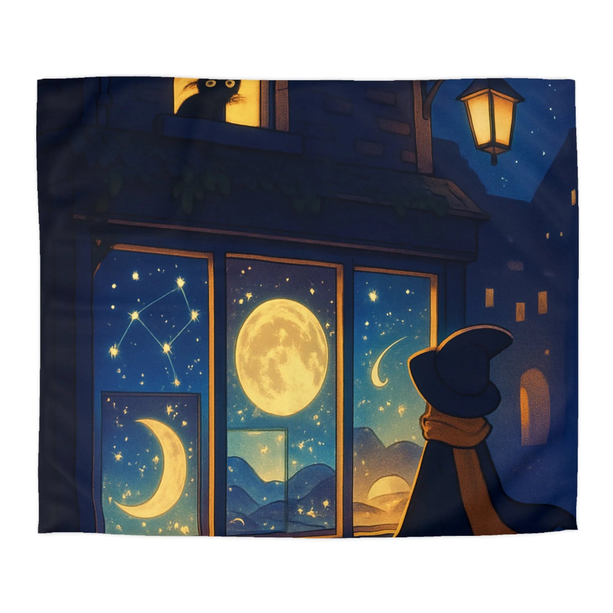 Housse de couette magique avec scène nocturne féerique, chat mystique et ciel étoilé