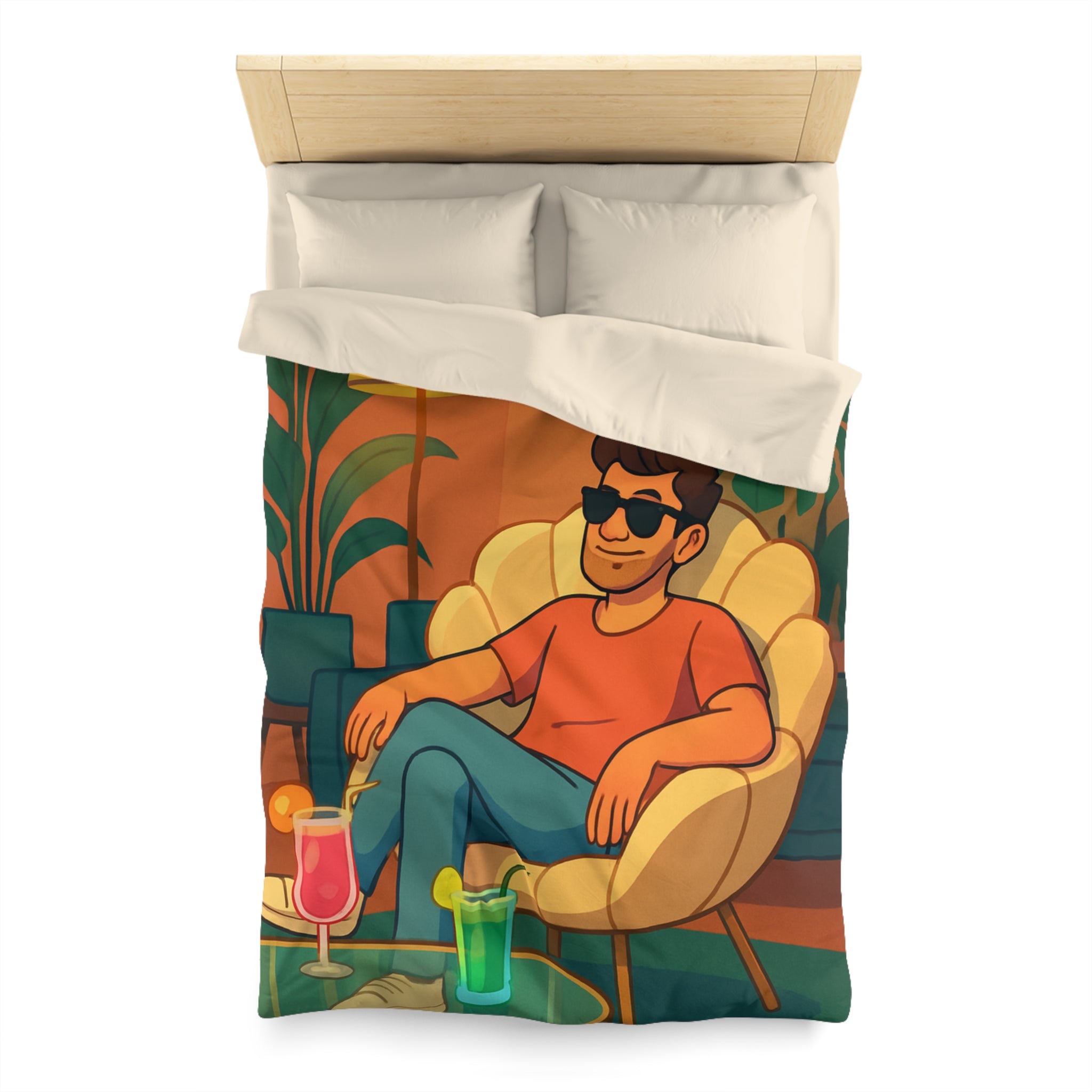 Housse de Couette Tropicale Design Moderne avec Feuilles et Boissons Colorées Style Rétro