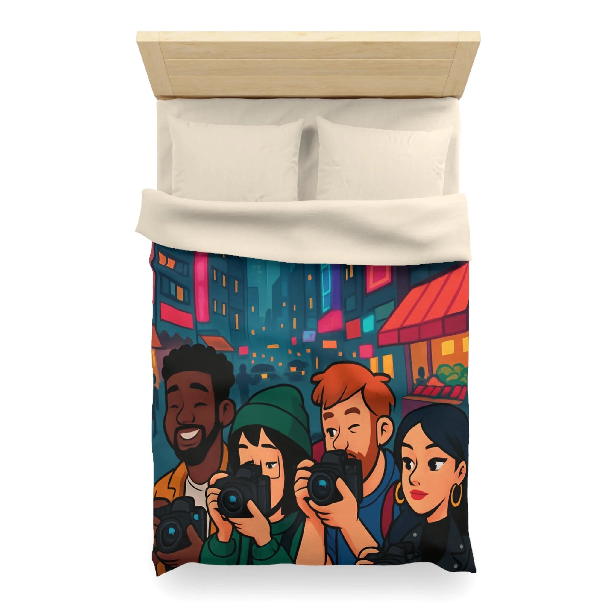 Housse de couette avec photographe urbain, design moderne et ambiance néon vibrante