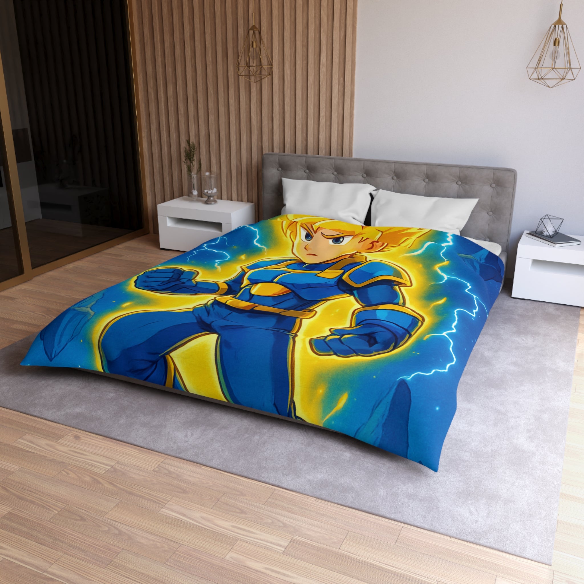 Housse de couette vibrante avec héros en armure bleue et rayons lumineux intenses