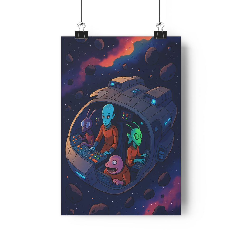 Poster décoratif dessin animé bleu orange rétro extraterrestre aventure salon chambre bureau unique vibrant