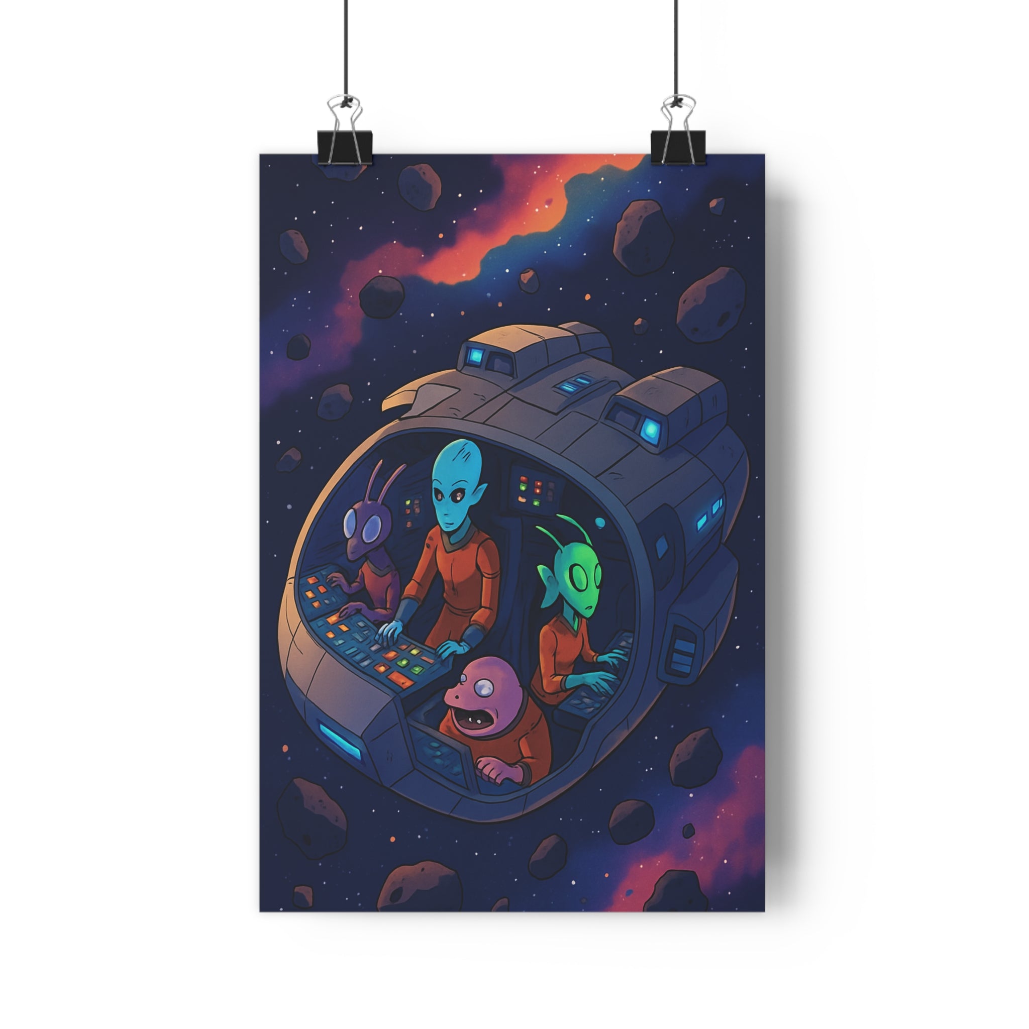 Poster décoratif dessin animé bleu orange rétro extraterrestre aventure salon chambre bureau unique vibrant