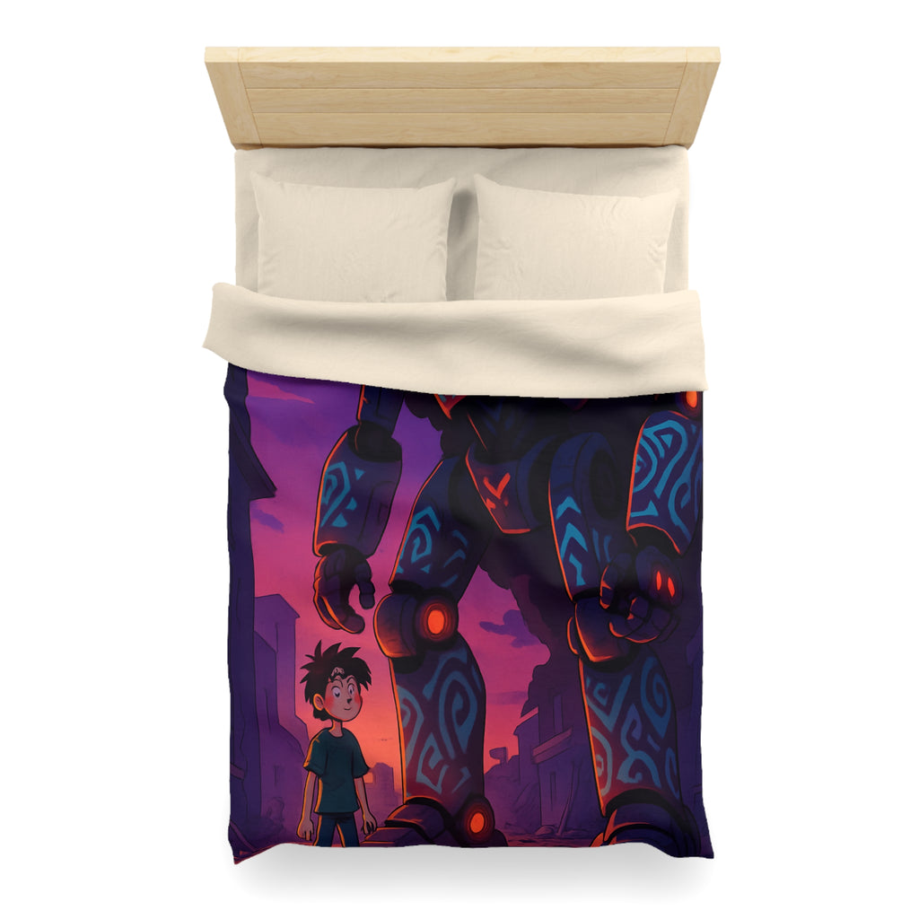 Housse de couette robot géant bleu lumineux, décor urbain vibrant et enfant émerveillé