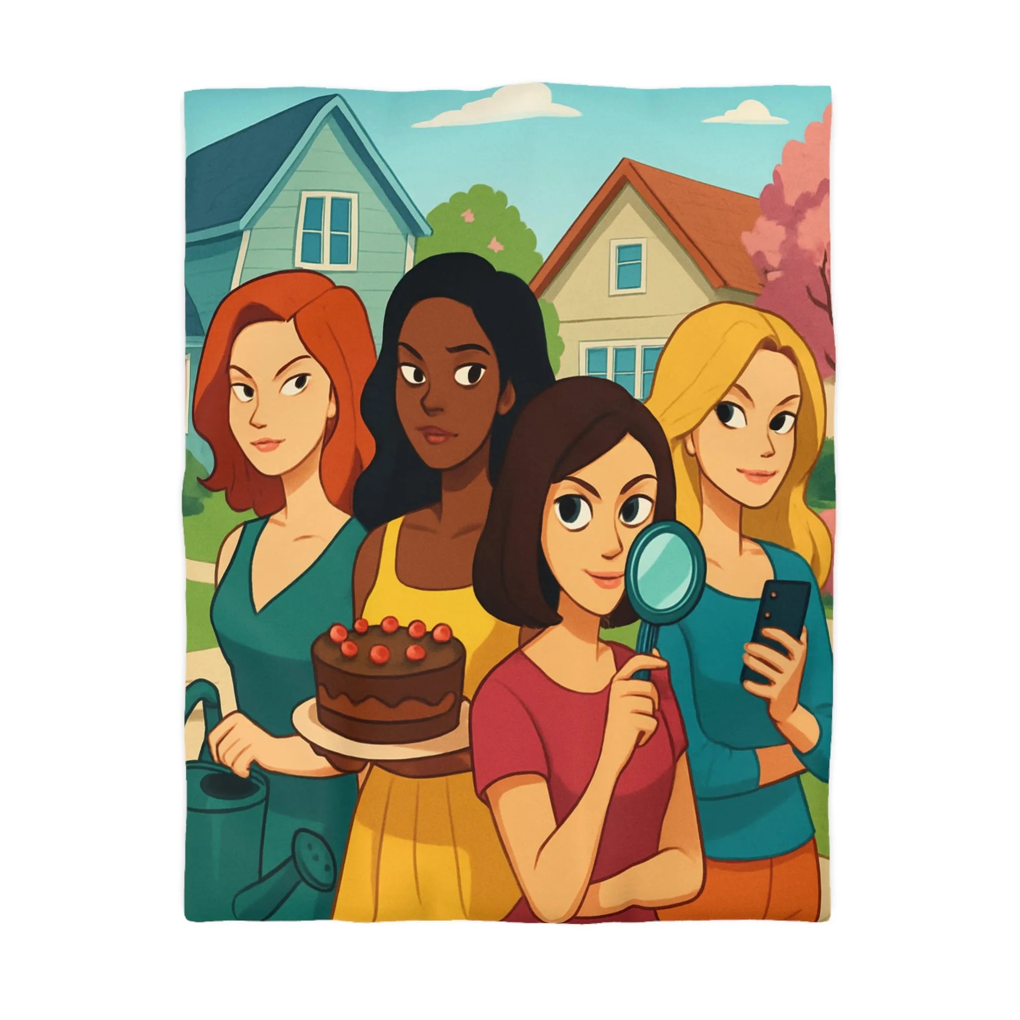 Housse de Couette Illustrée Fête Femme Jardin avec Loupe Gâteau et Téléphone