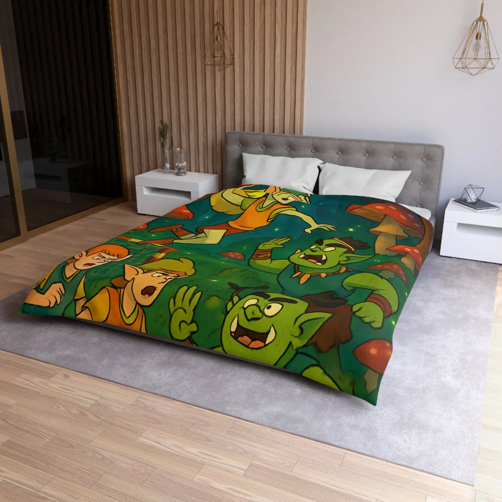 Housse de couette d’elfes joueurs de handball dans une forêt magique illuminée