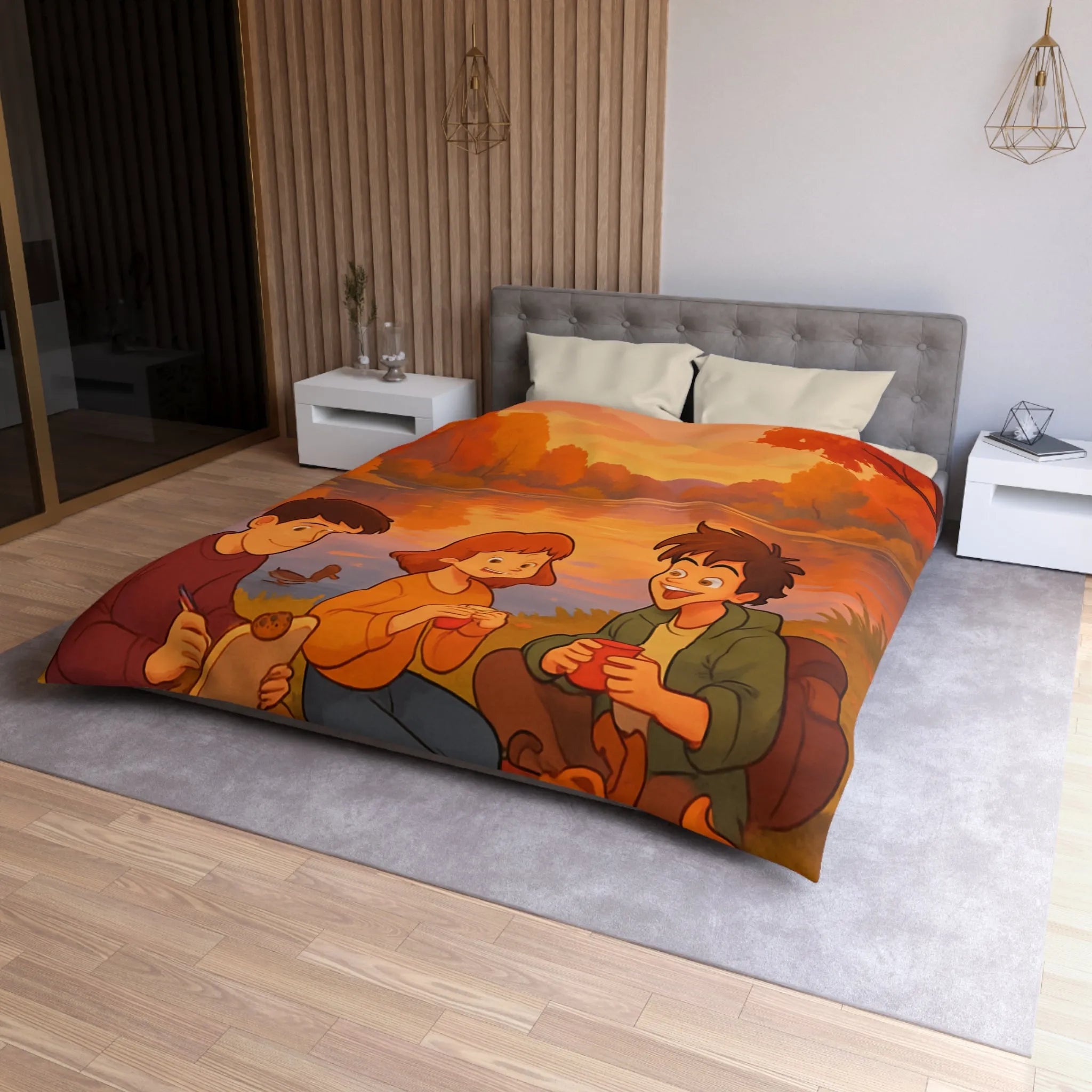 Housse de couette illustrée avec scène automnale de pique-nique au bord d'un lac