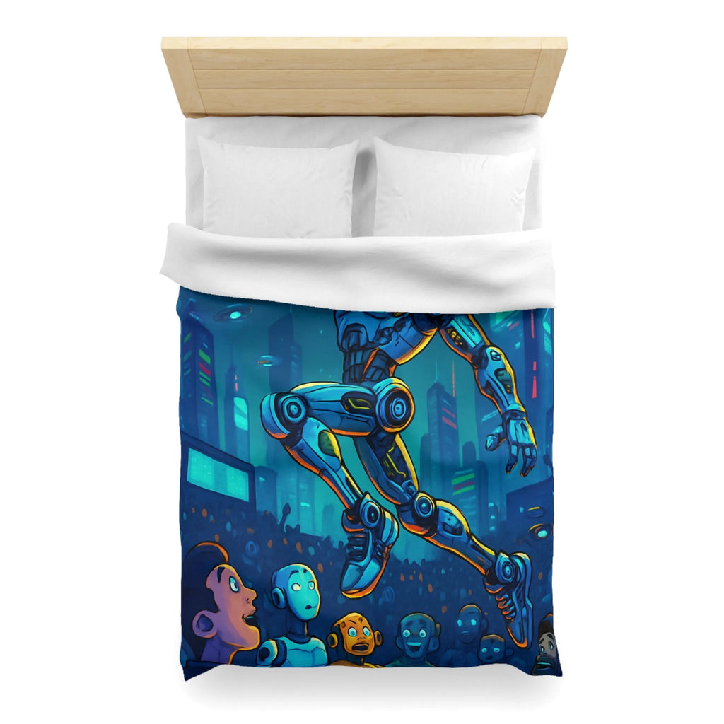 Housse de couette futuriste avec robot jouant au basket dans une ville lumineuse