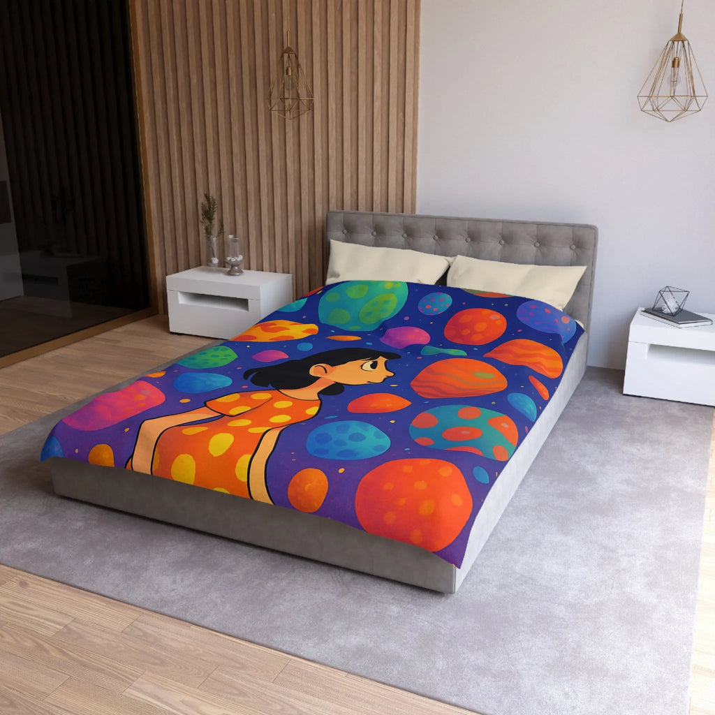 Housse de couette colorée avec motif de planètes et enfant rêveur dans l'espace