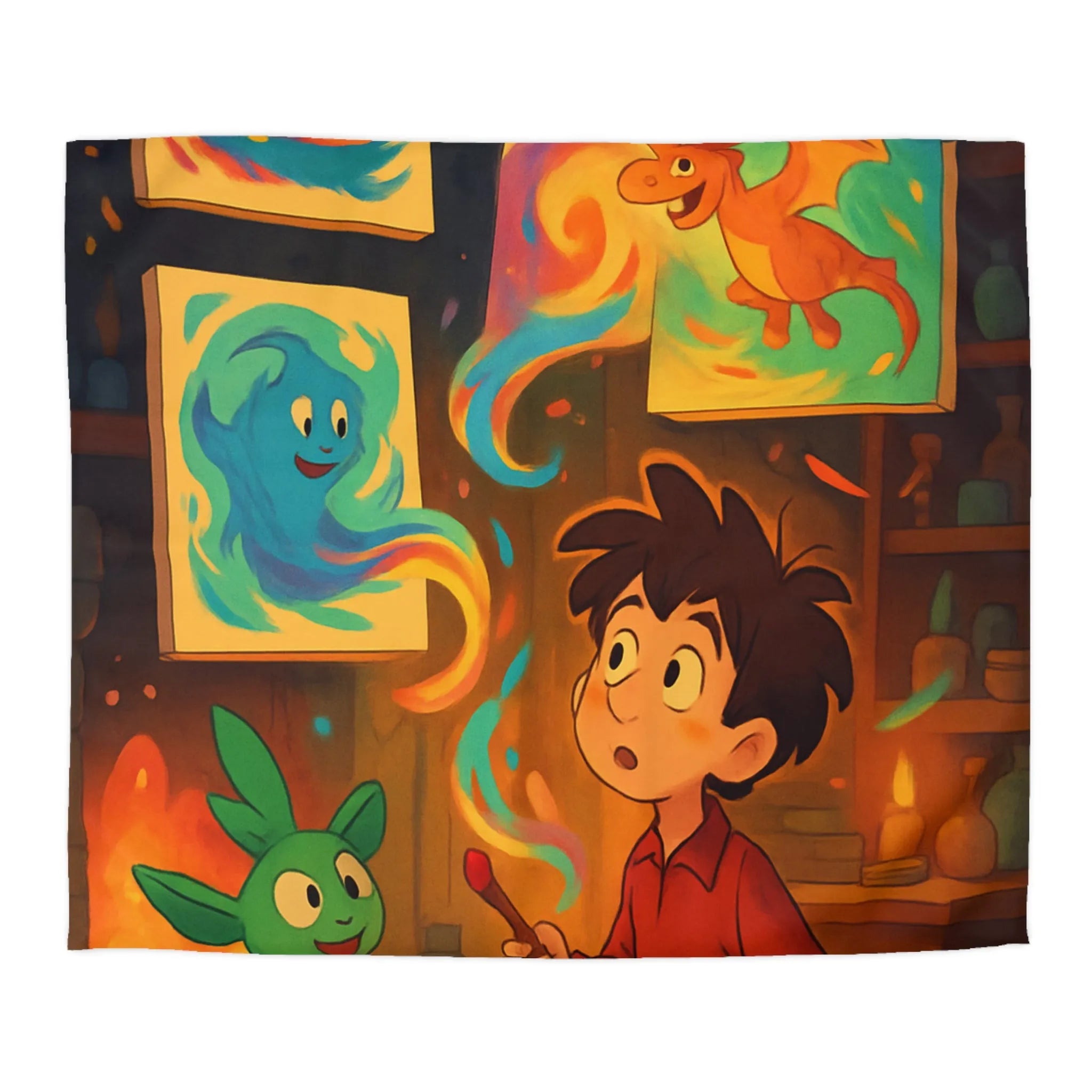 Housse de couette magique illustrant un artiste jeunesse avec créatures fantastiques et peintures lumineuses