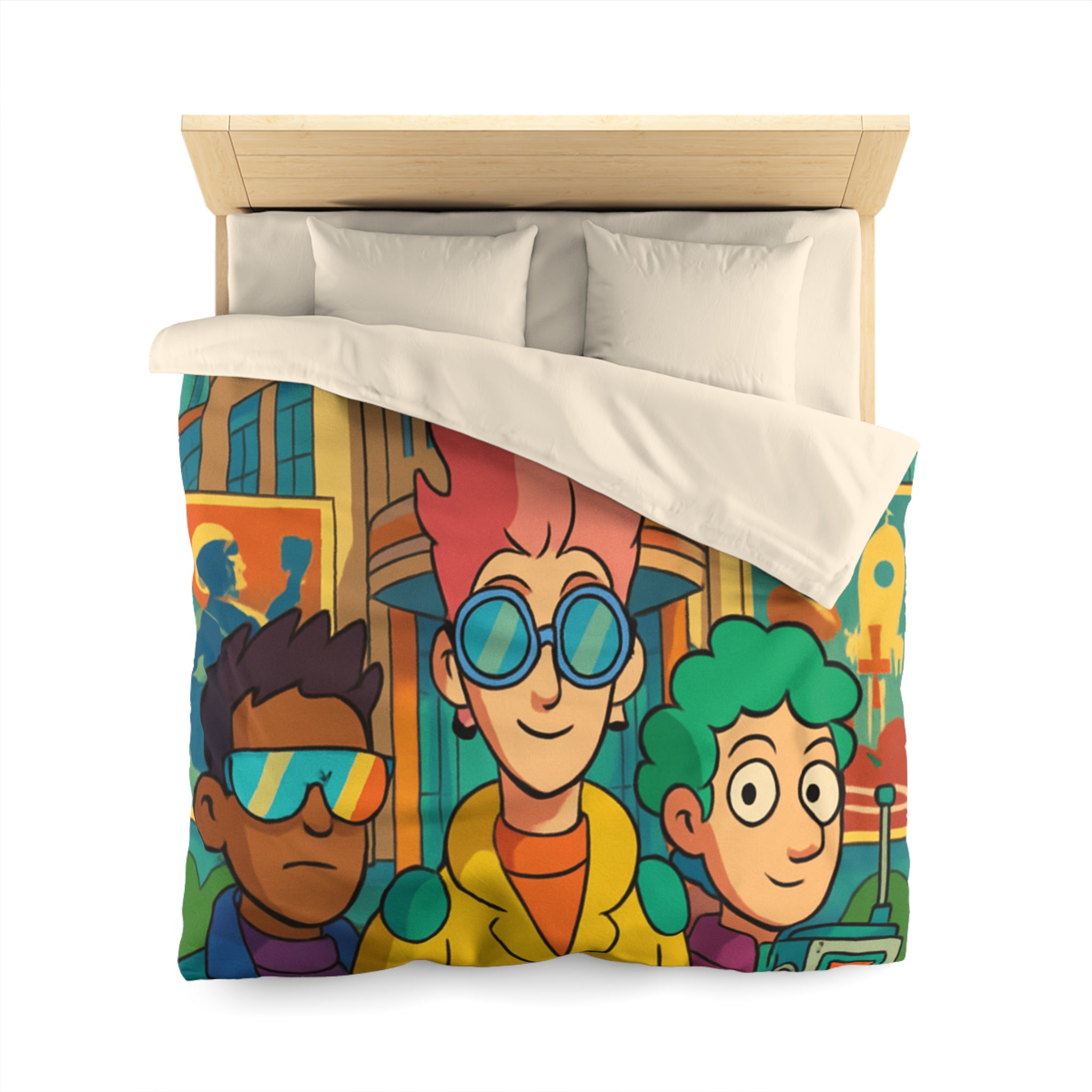 Housse de couette rétro futuriste colorée avec personnages et architecture urbaine stylisée