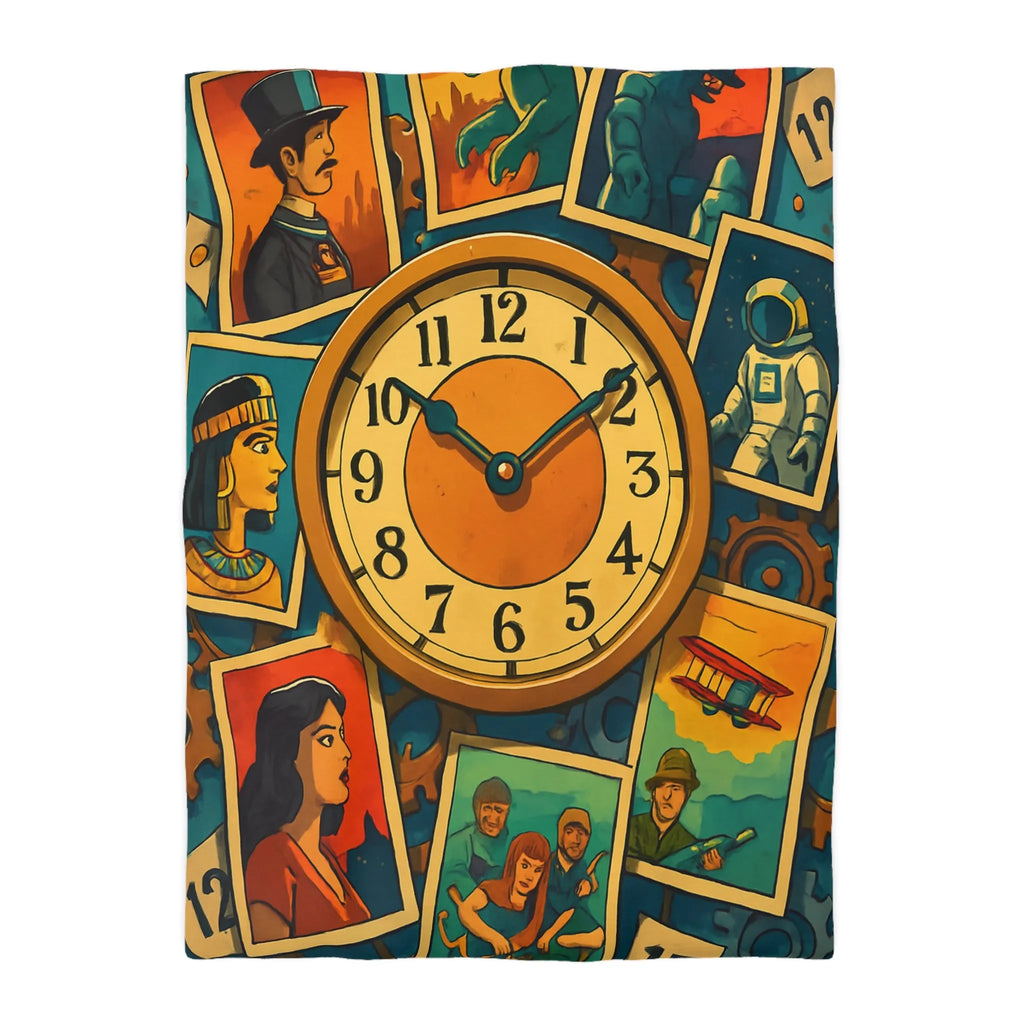 Housse de couette illustrant l'histoire colorée avec des figures emblématiques du temps et de l'espace