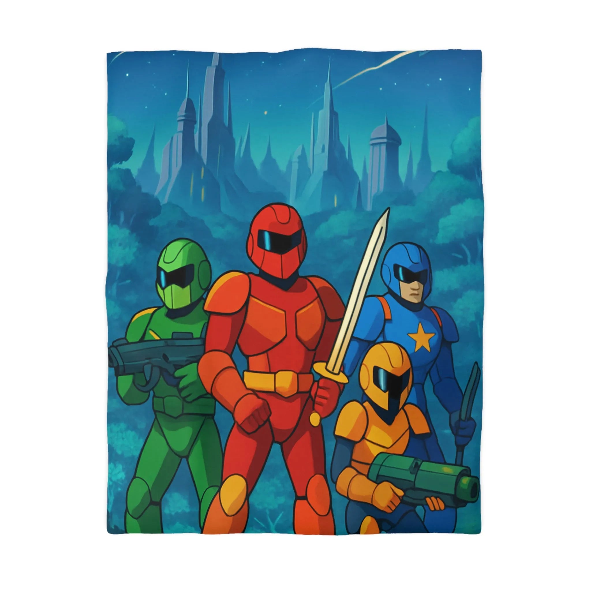 Housse de couette futuriste illustrant héros en armure dans forêt de science-fiction