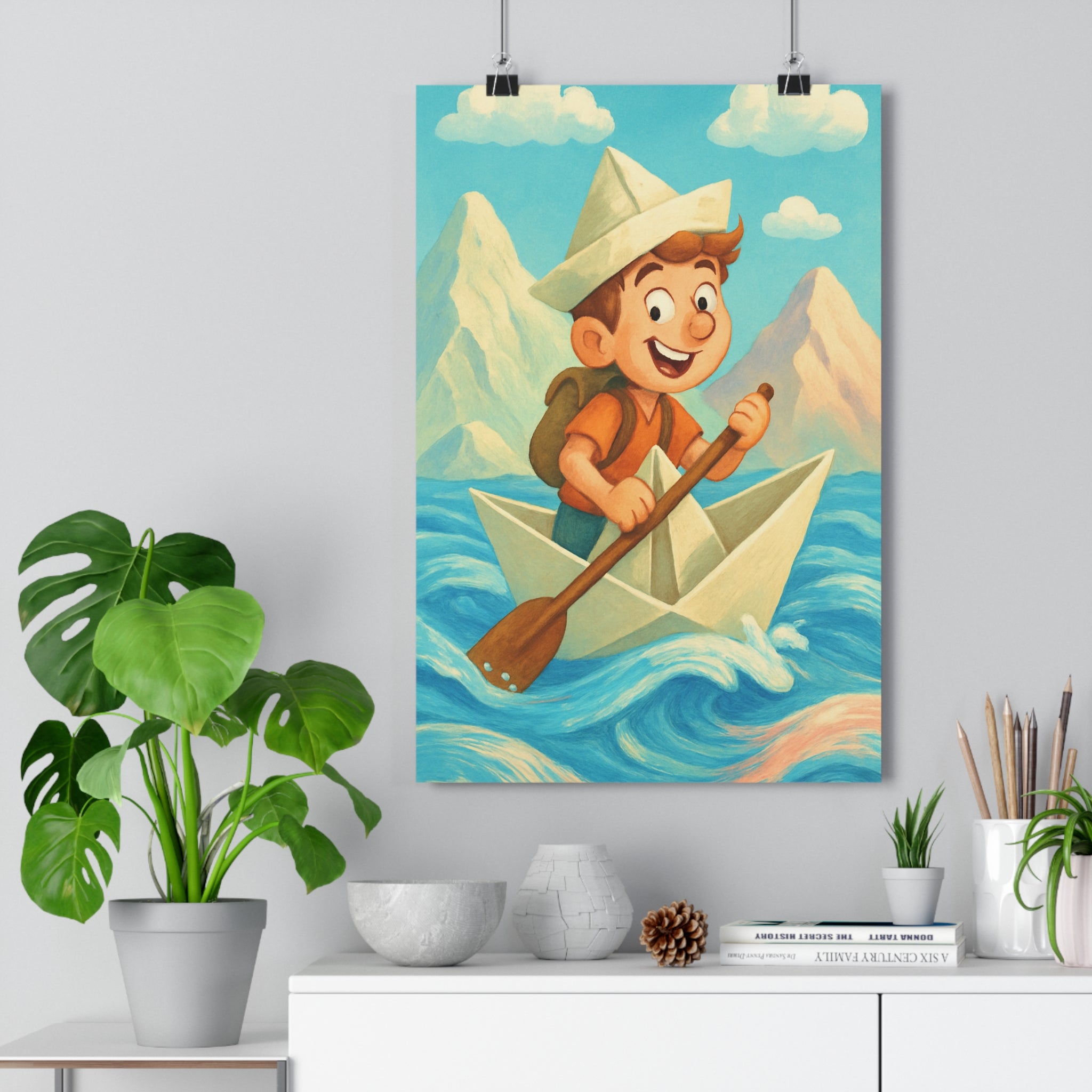 Poster décoratif anime bleu orange joyeux aventure enfant chambre coloré montagne ciel nuage bateau