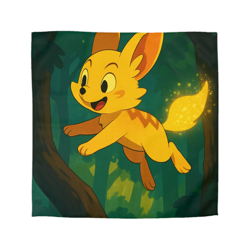 Housse de couette forêt féérique avec créature magique jaune sautant joyeusement à travers les arbres