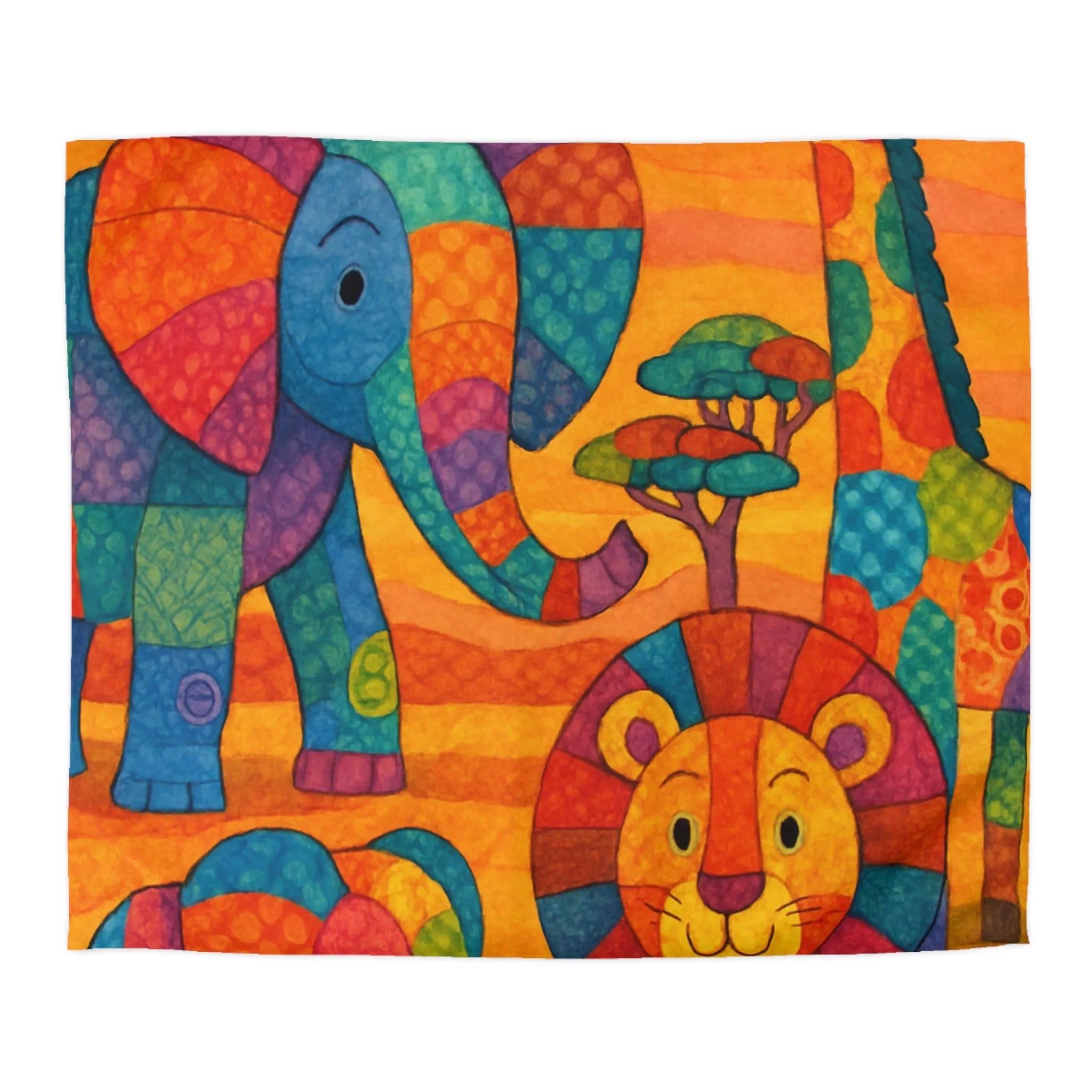 Housse de couette colorée avec éléphants, girafe et lion en style patchwork