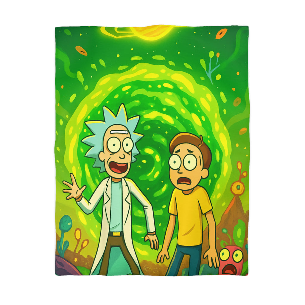 Housse de couette thème dimension aventure verte avec duo explorateur et planète lumineuse