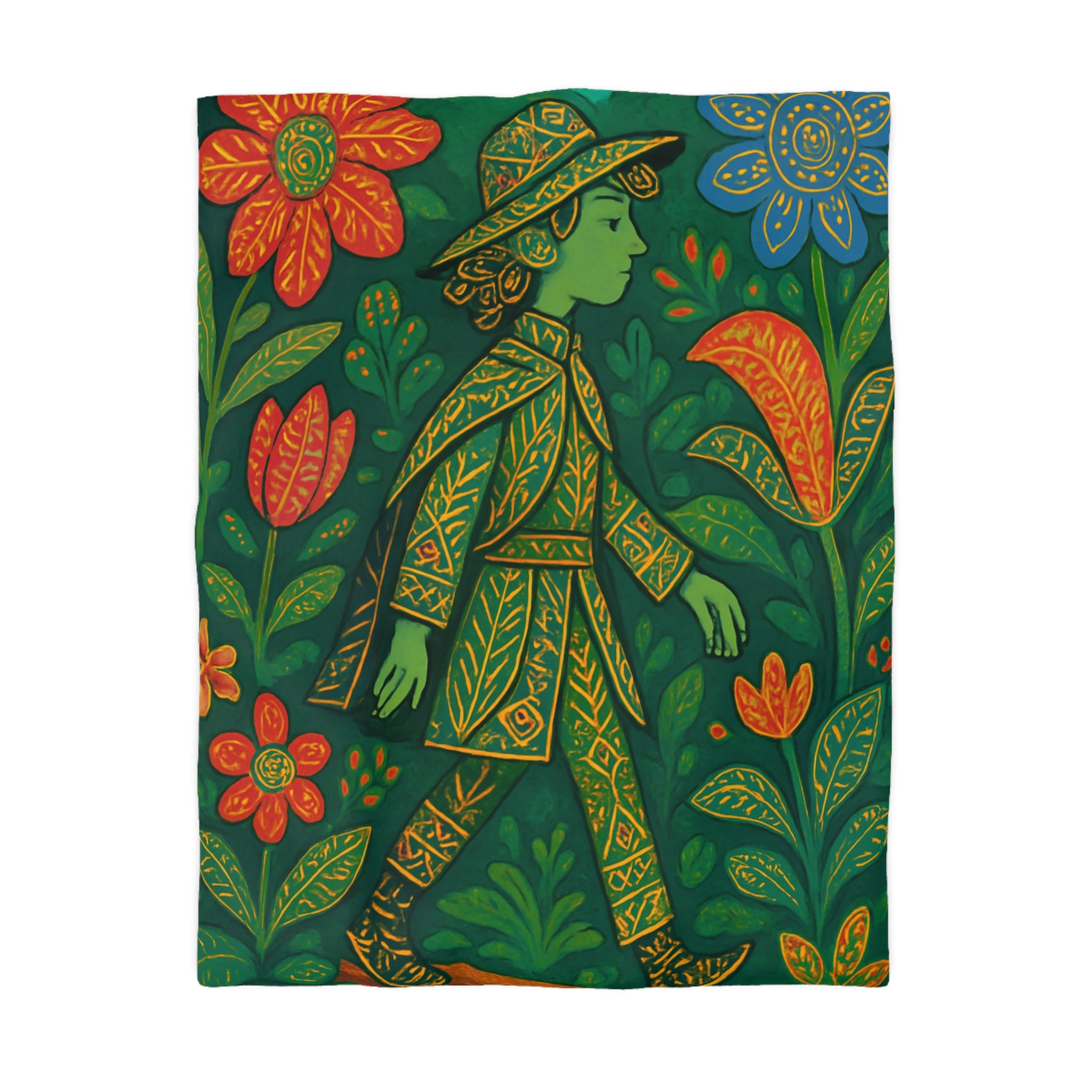 Housse de couette vibrante avec motif botanique et personnage en marche serein