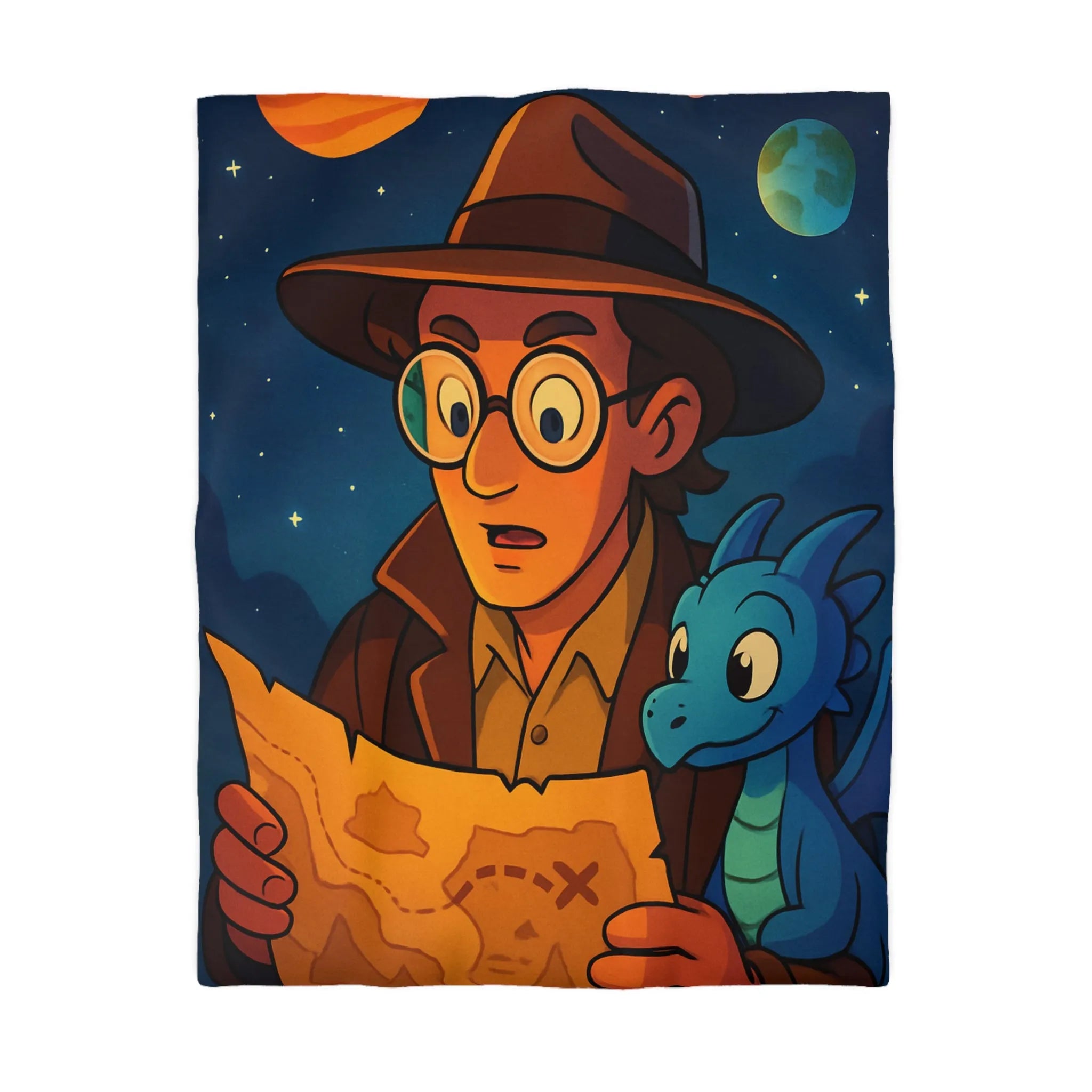 Aventure nocturne avec explorateur et dragon bleu sous planètes mystiques sur fond étoilé