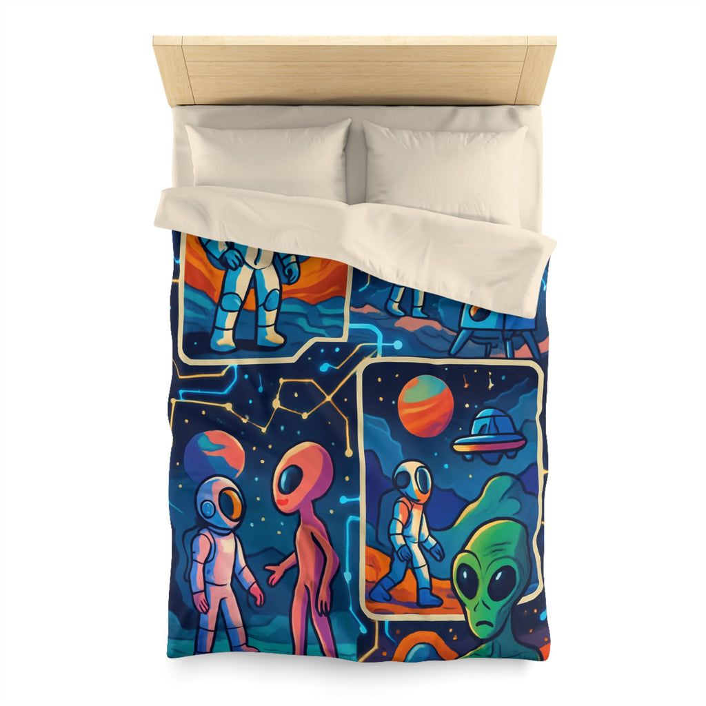Housse de couette spatiale colorée avec extraterrestres et planètes dans l'espace cosmique