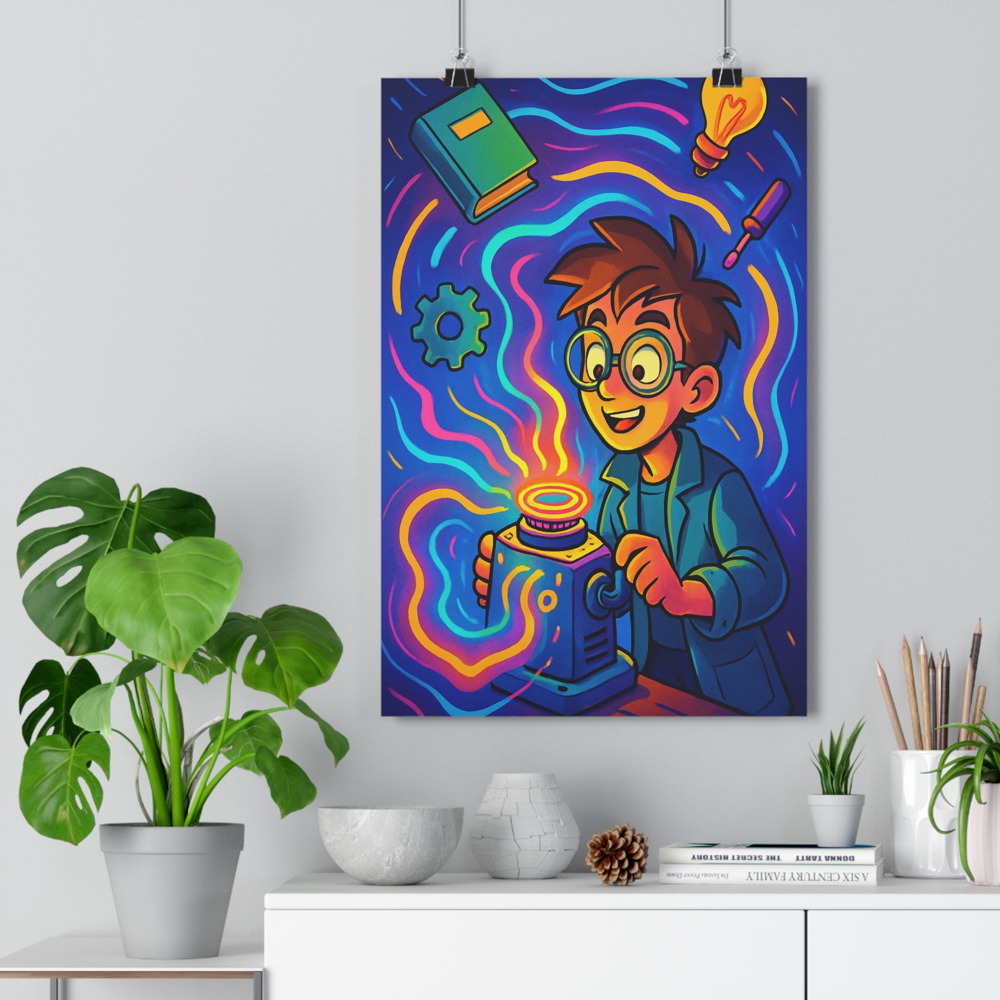Poster décoratif créatif inventeur machine futuriste bleu orange rose chambre enfant cartoon dynamique qualité