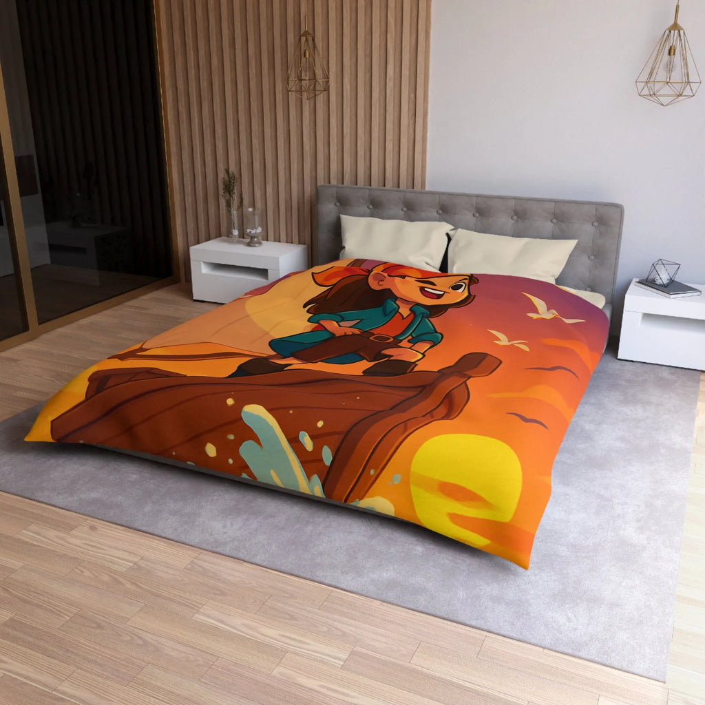 Housse de couette enfant motif pirate aventure en mer avec coucher de soleil vibrant
